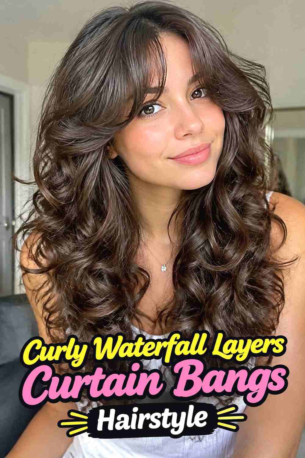 7. Curly Waterfall Layers Curtain Bangs Hairstyle