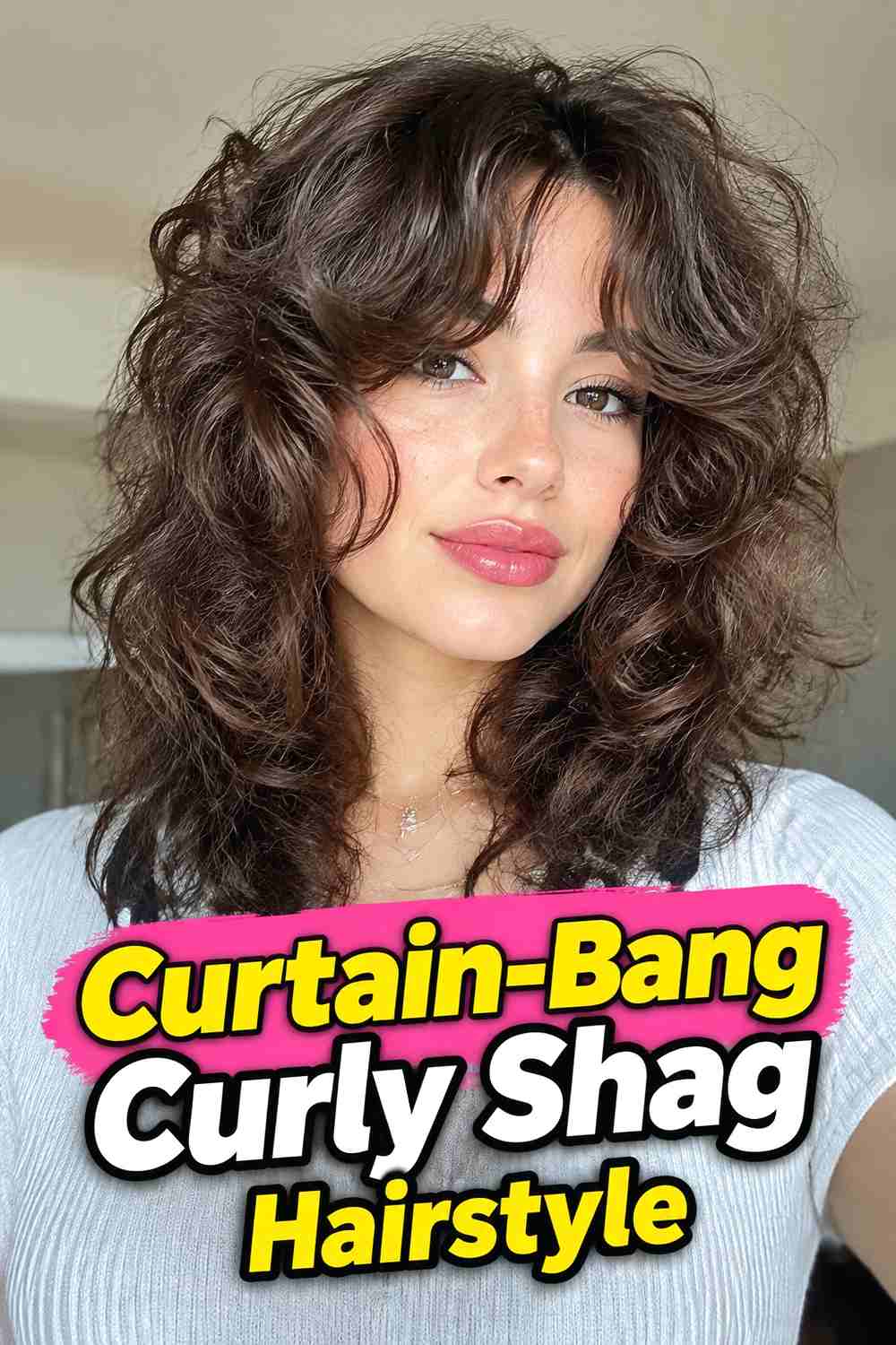 2. Curtain Bang Curly Shag Hairstyle