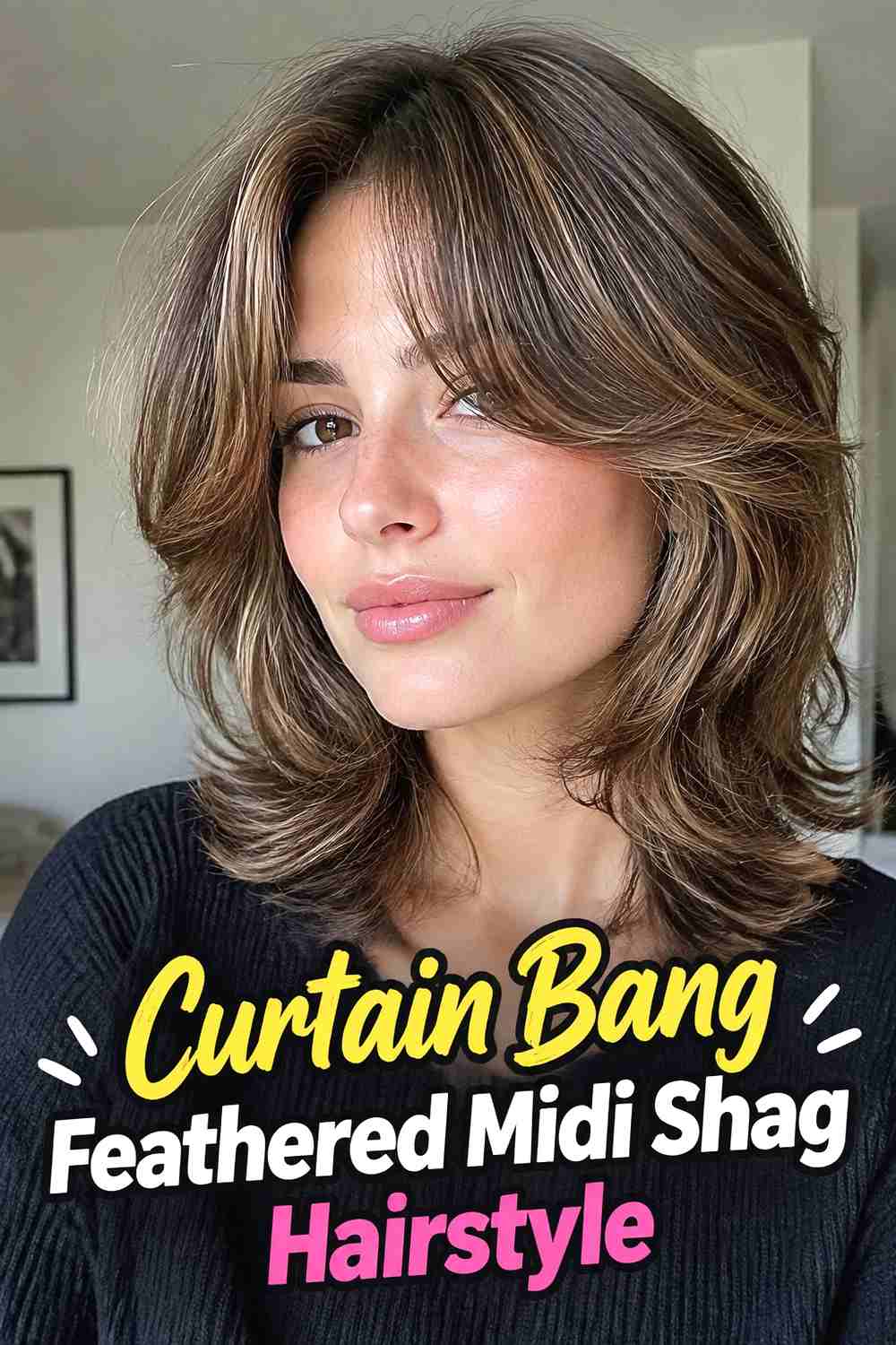 2. Curtain Bang Feathered Midi Shag Hairstyle