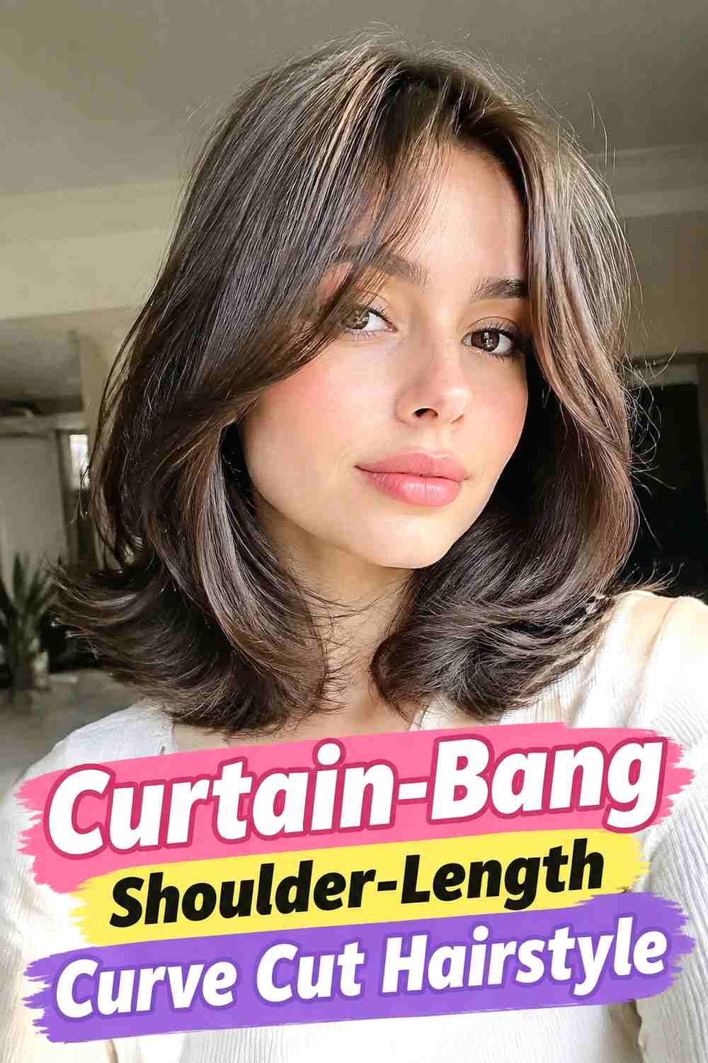 4. Curtain Bang Shoulder Length Curve Cut Hairstyle