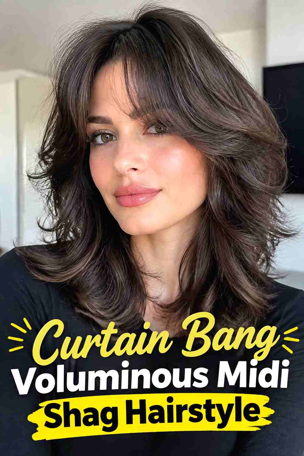 2. Curtain Bang Voluminous Midi Shag Hairstyle