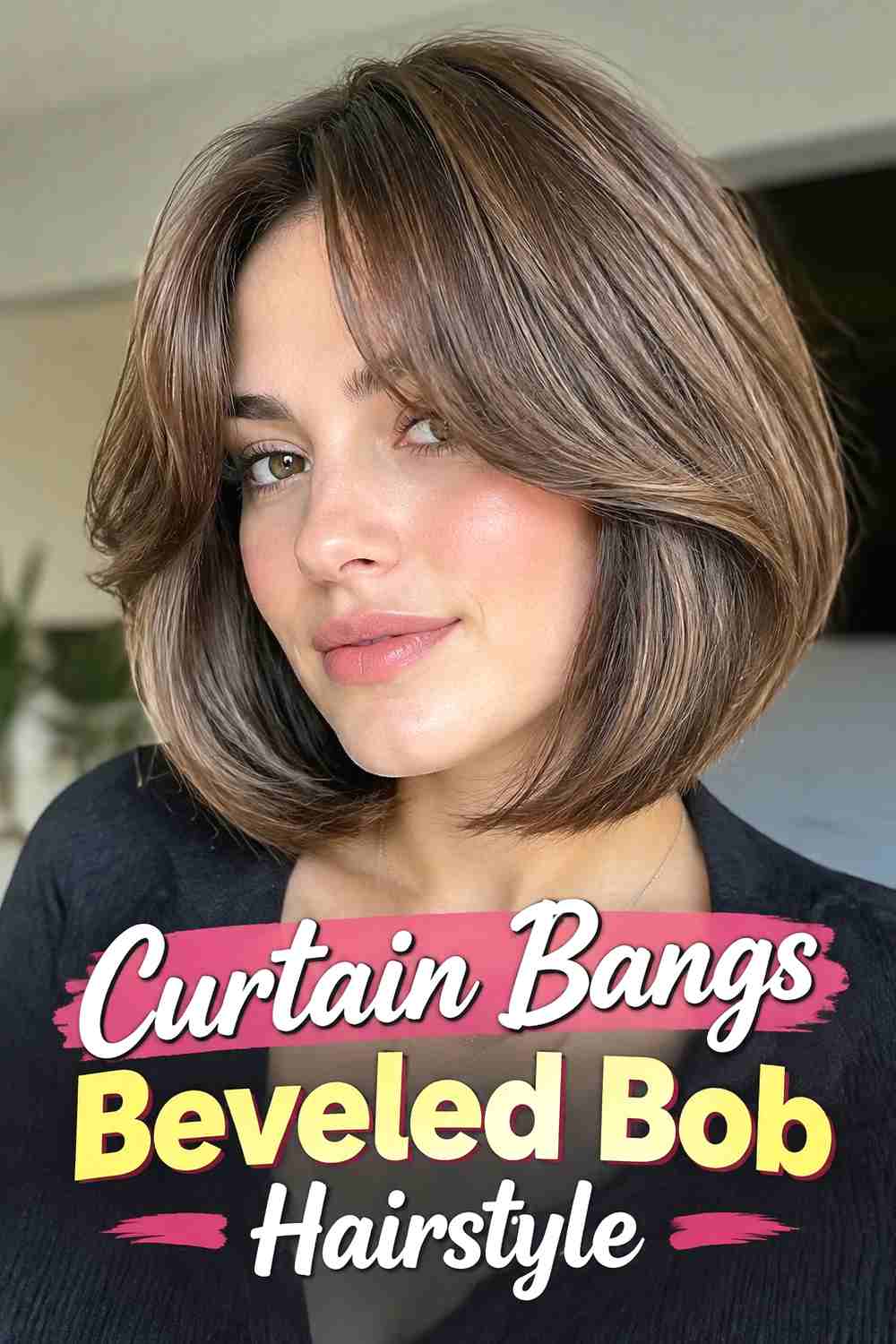 10. Curtain Bangs Beveled Bob Hairstyle