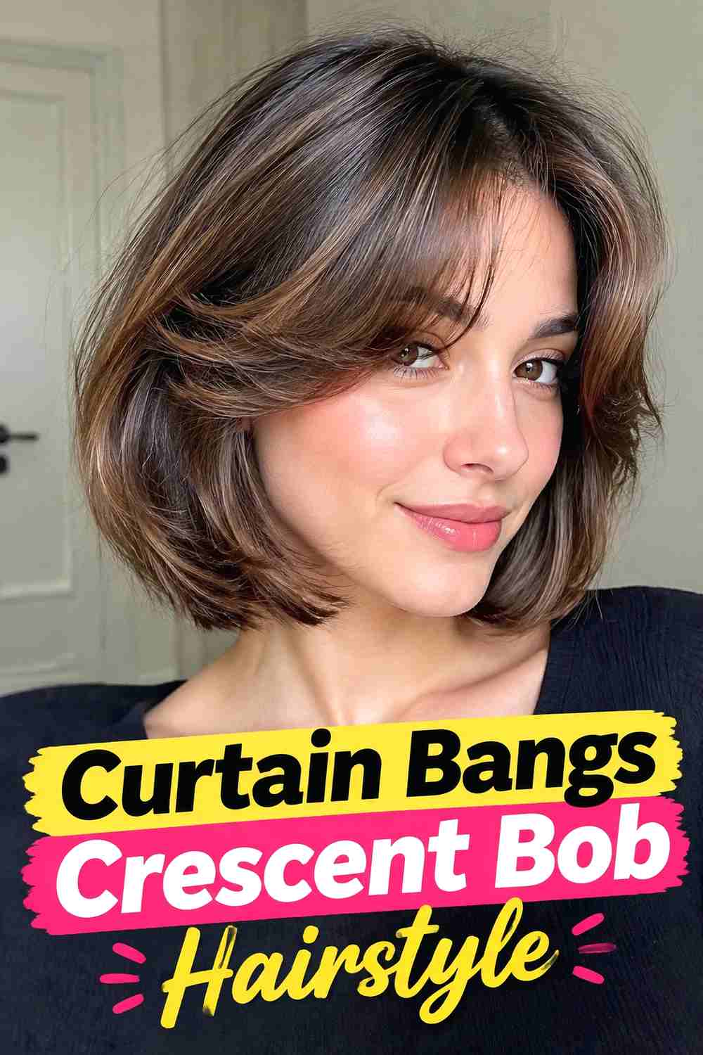 7. Curtain Bangs Crescent Bob Hairstyle