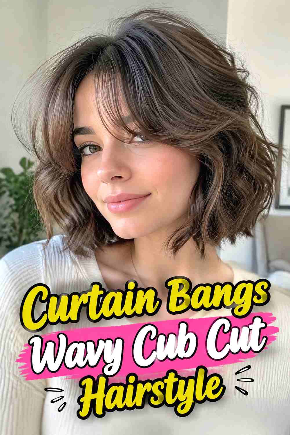 4. Curtain Bangs Wavy Cub Cut Hairstyle