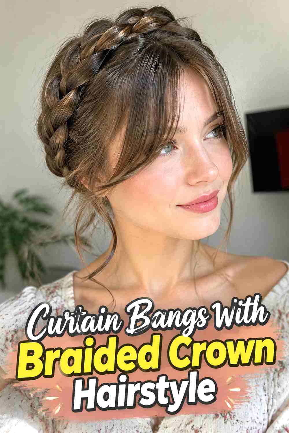 13. Curtain Bangs With Braided Crown Hairstyle