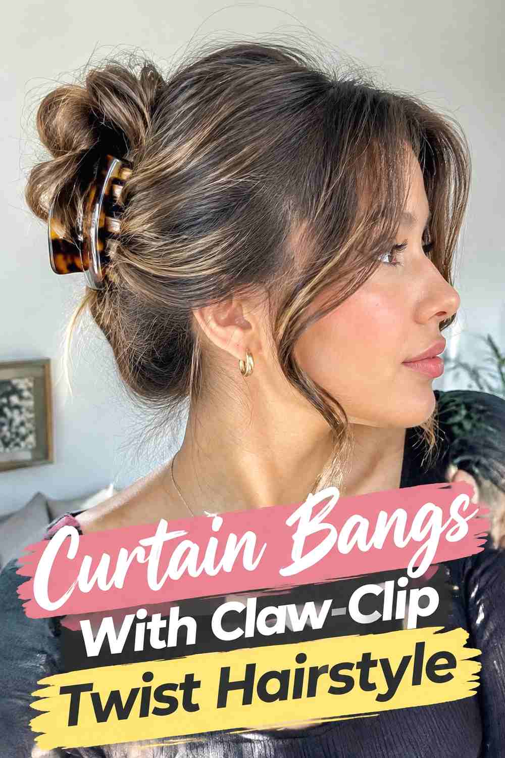 15. Curtain Bangs With Claw Clip Twist Hairstyle