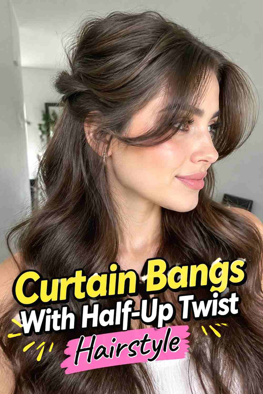 8. Curtain Bangs With Half Up Twist Hairstyle