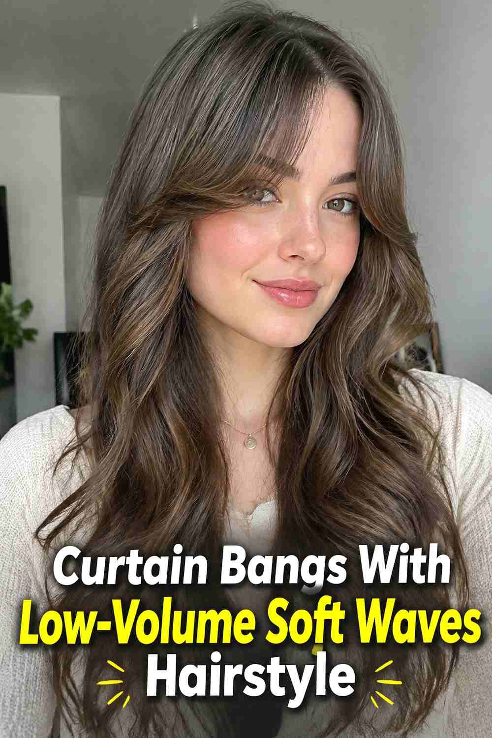 17. Curtain Bangs With Low Volume Soft Waves Hairstyle