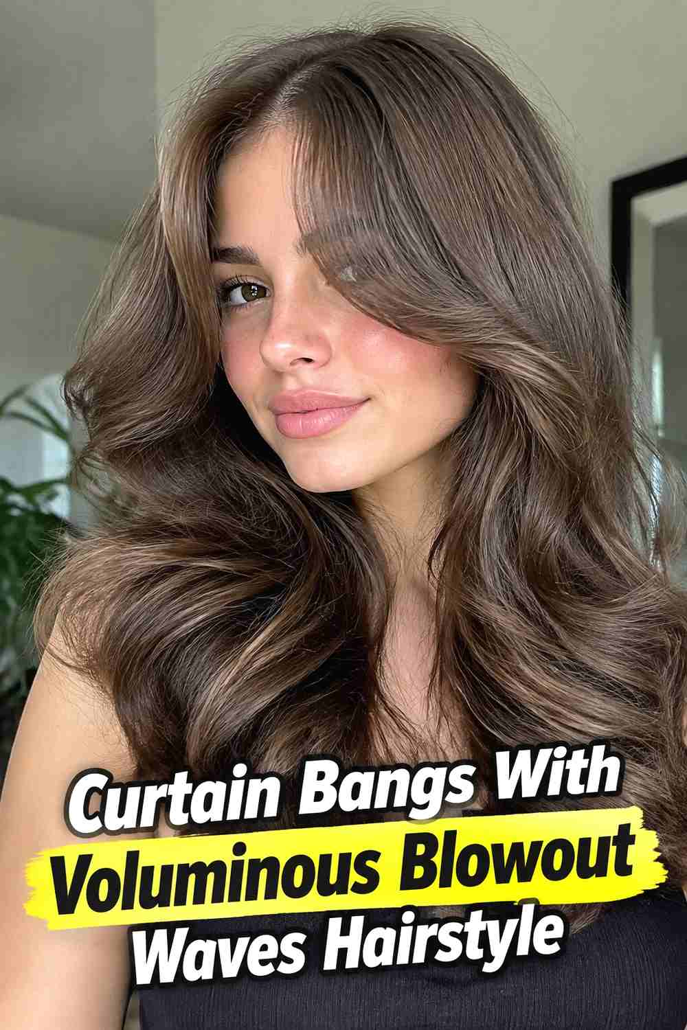 15. Curtain Bangs With Voluminous Blowout Waves Hairstyle