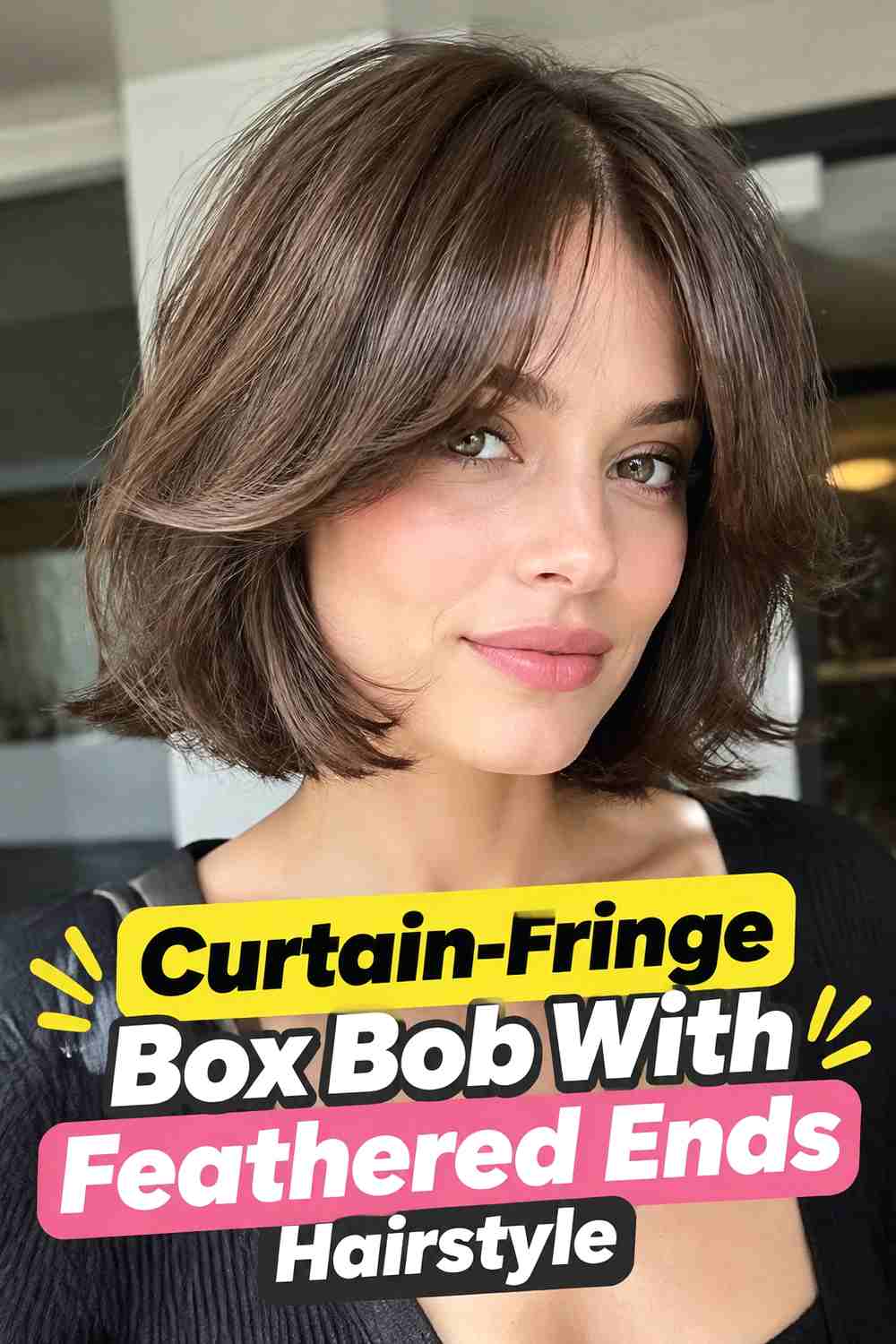 7. Curtain Fringe Box Bob With Feathered Ends Hairstyle