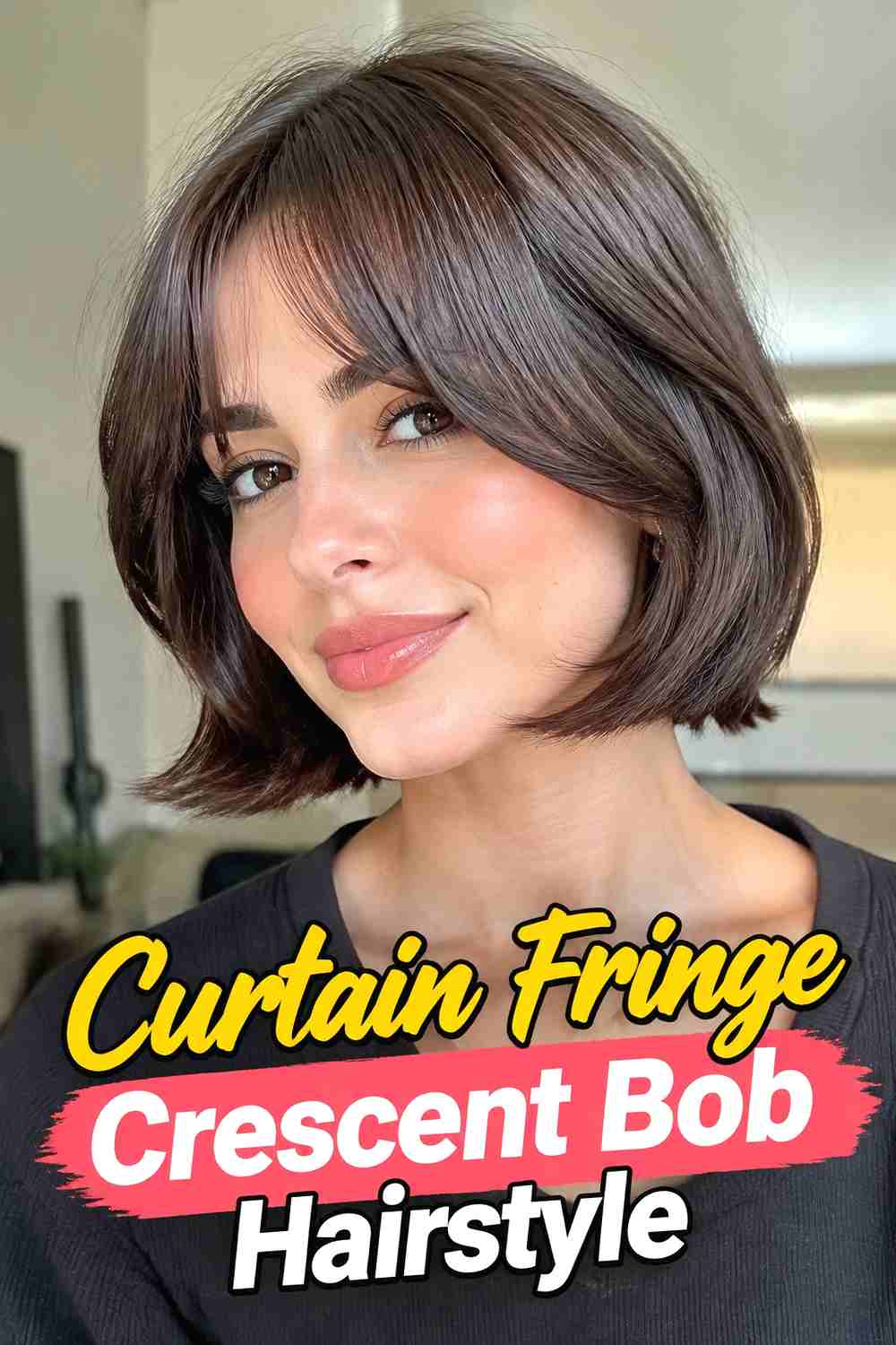 4. Curtain Fringe Crescent Bob Hairstyle