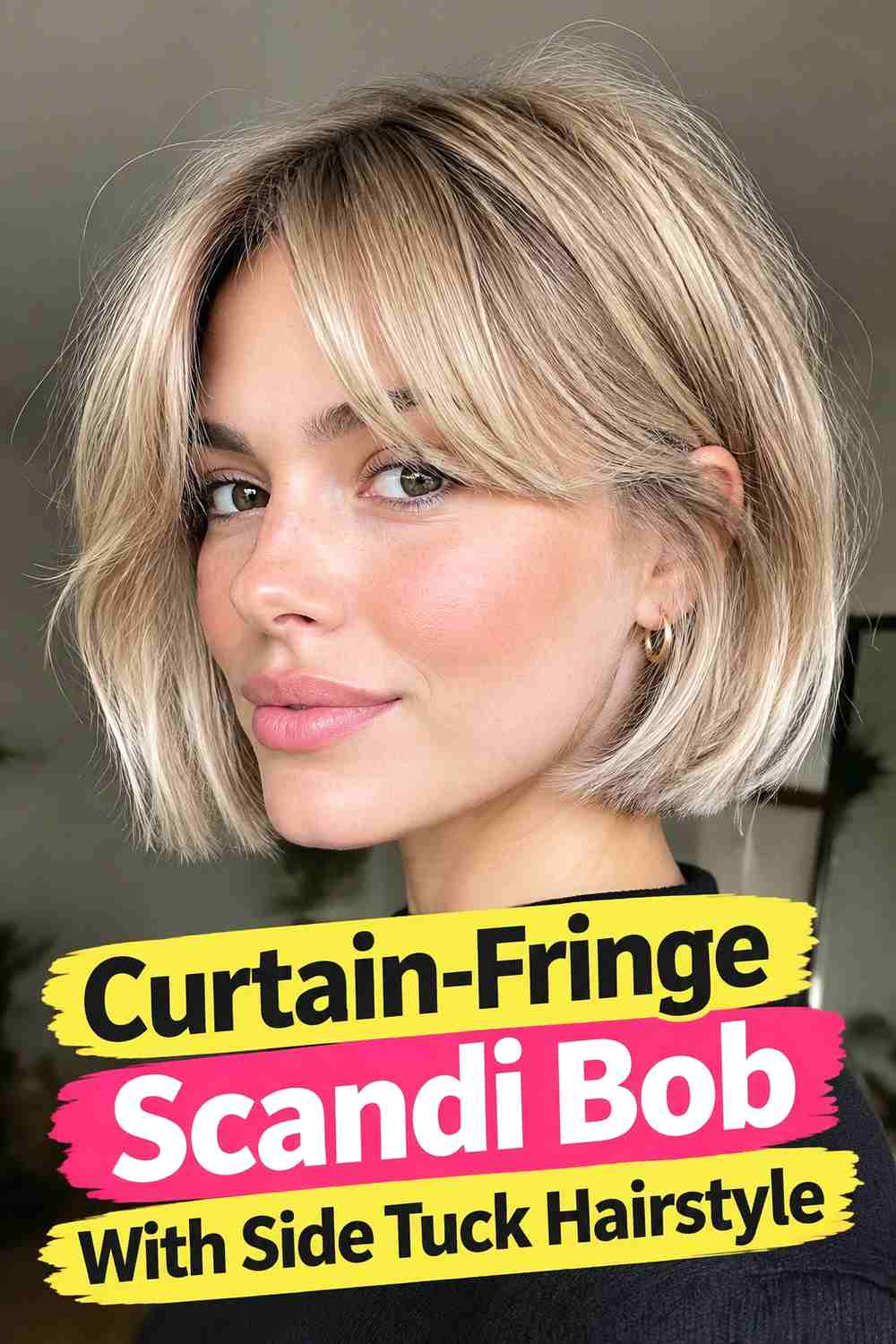 11. Curtain Fringe Scandi Bob With Side Tuck Hairstyle