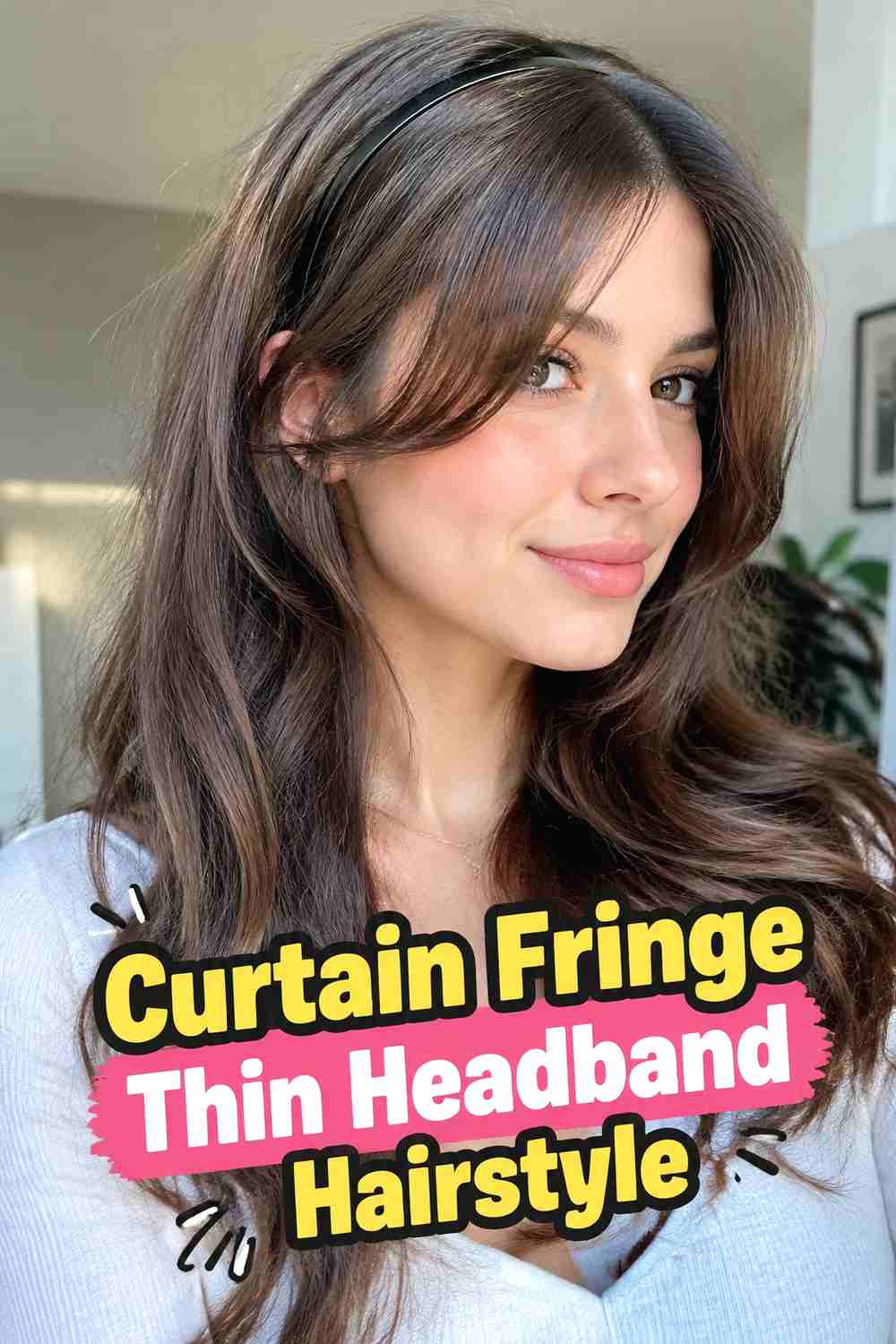 13. Curtain Fringe Thin Headband Hairstyle