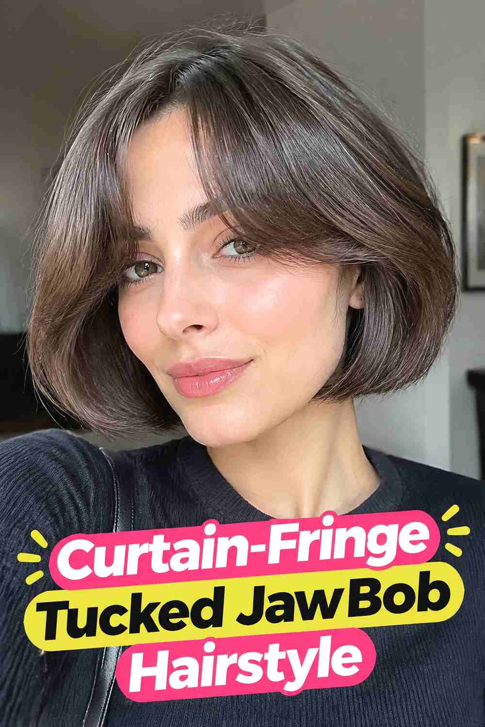 9. Curtain Fringe Tucked Jaw Bob Hairstyle
