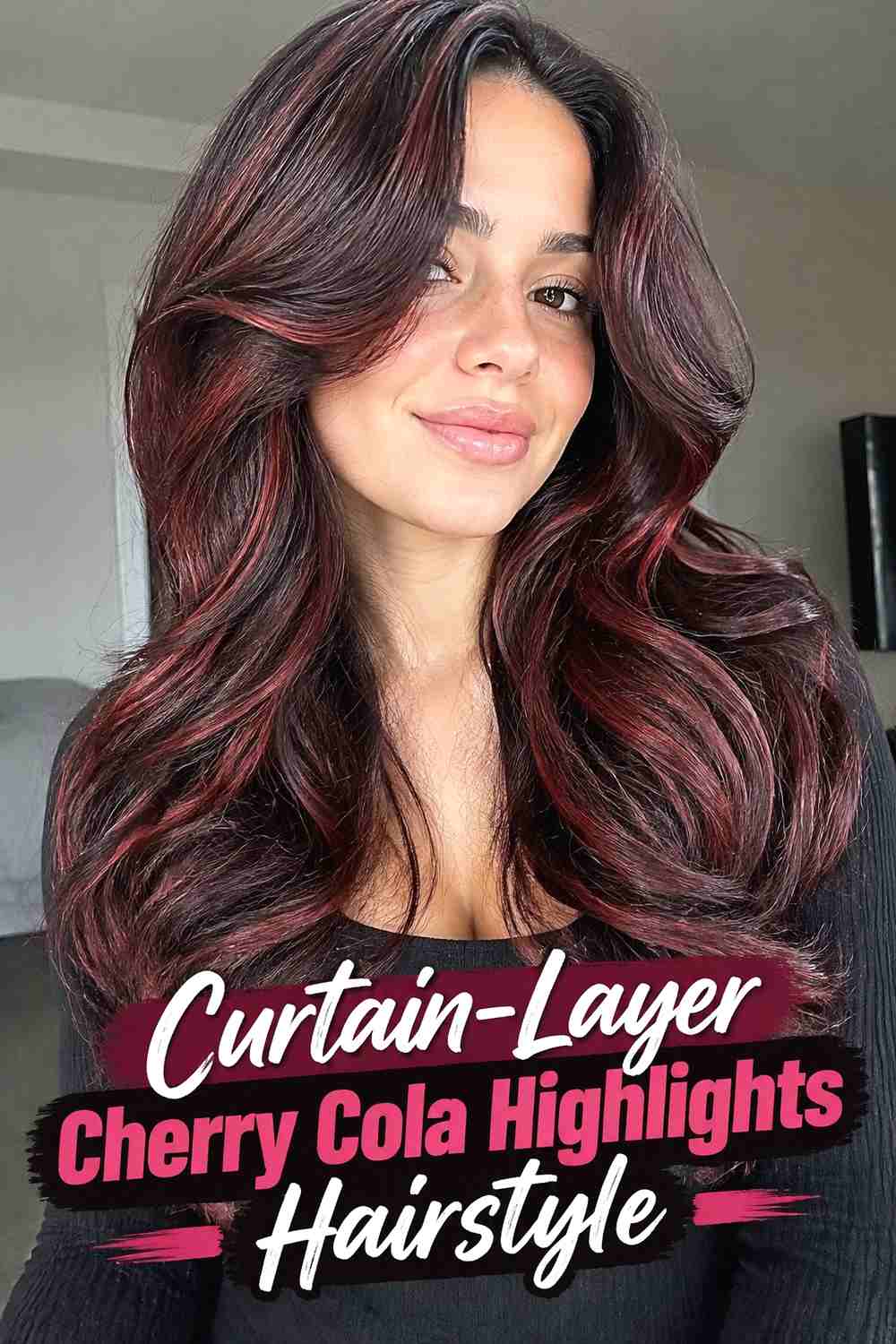 15. Curtain Layer Cherry Cola Highlights Hairstyle