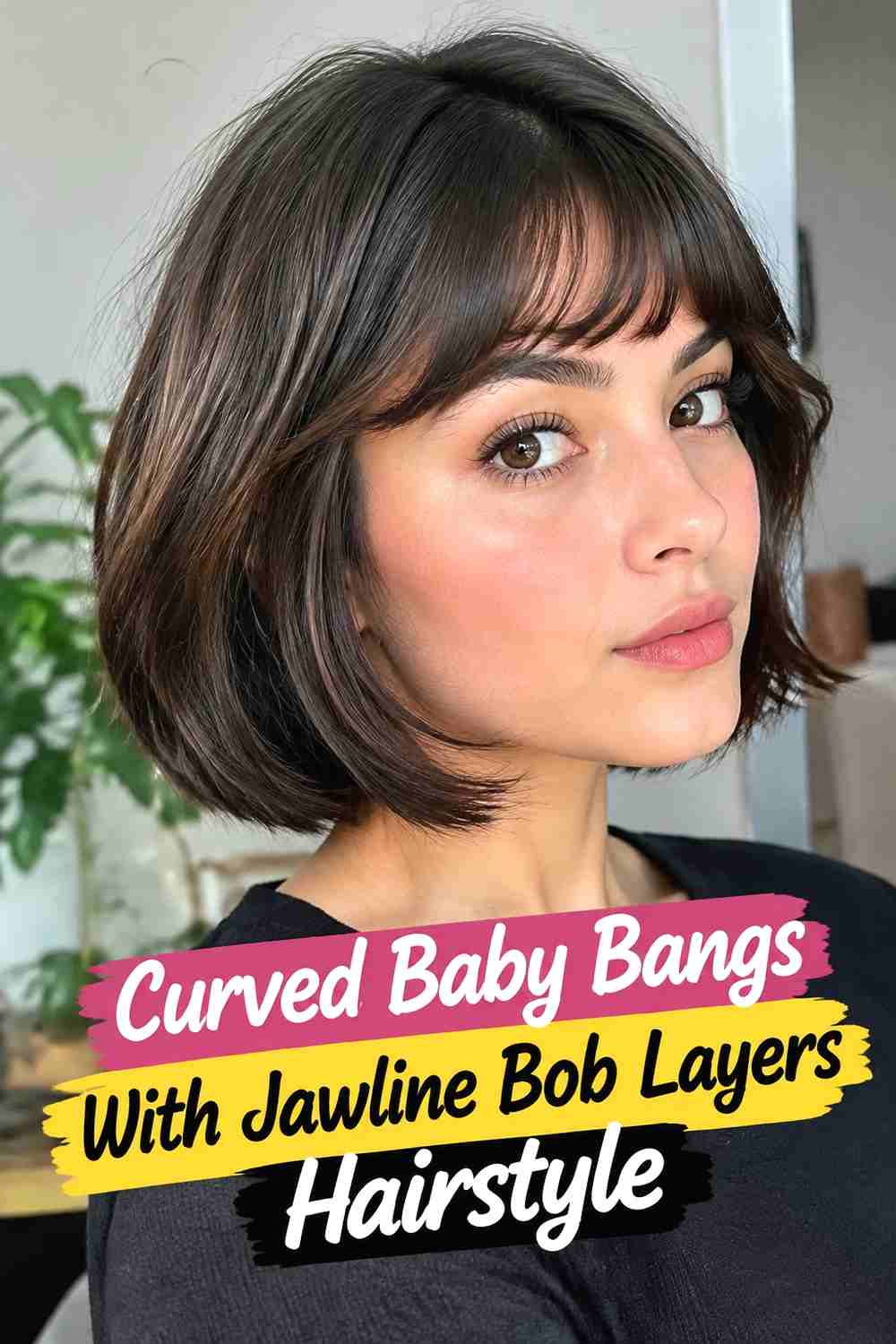 6. Curved Baby Bangs With Jawline Bob Layers Hairstyle
