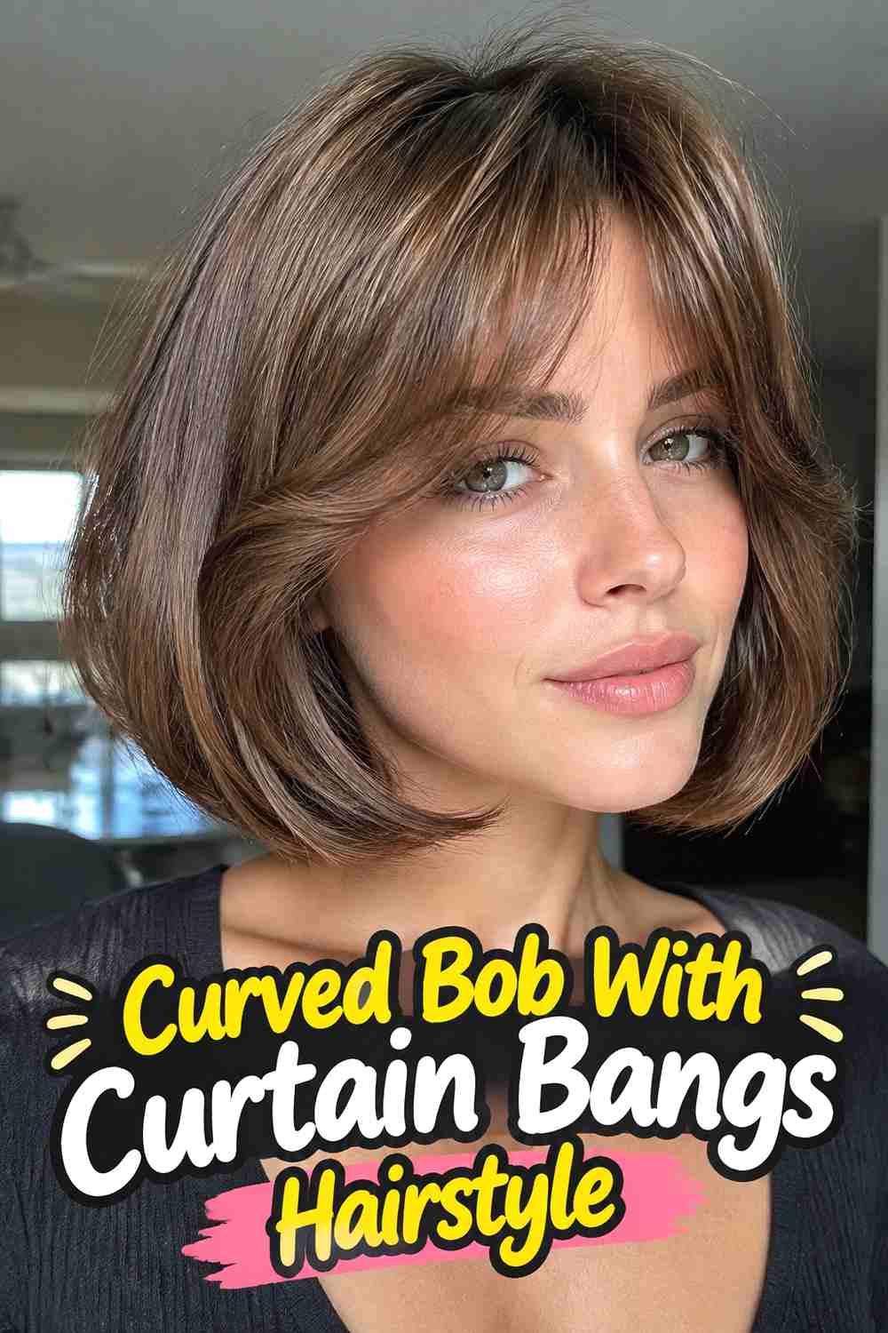 7. Curved Bob With Curtain Bangs Hairstyle