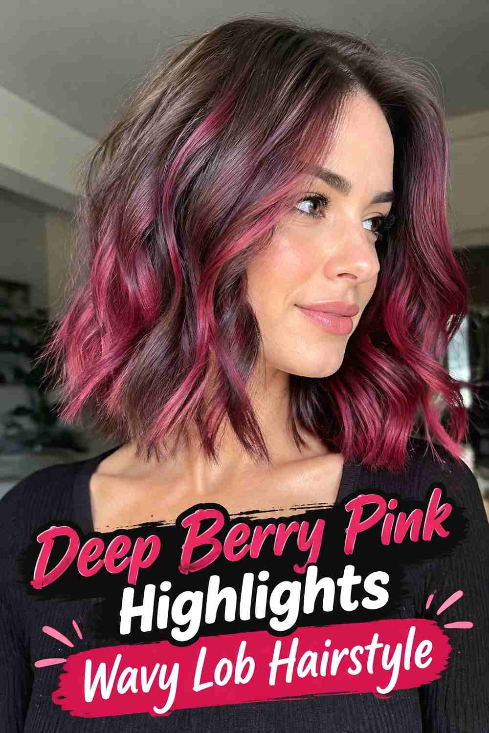 8. Deep Berry Pink Highlights Wavy Lob Hairstyle