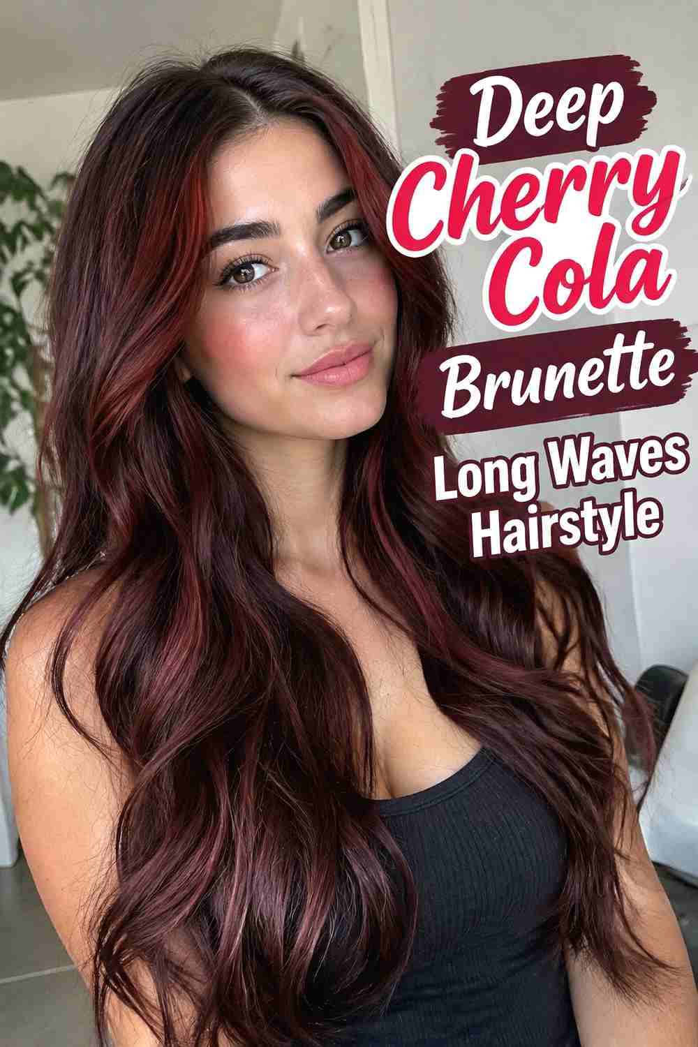 2. Deep Cherry Cola Brunette Long Waves Hairstyle