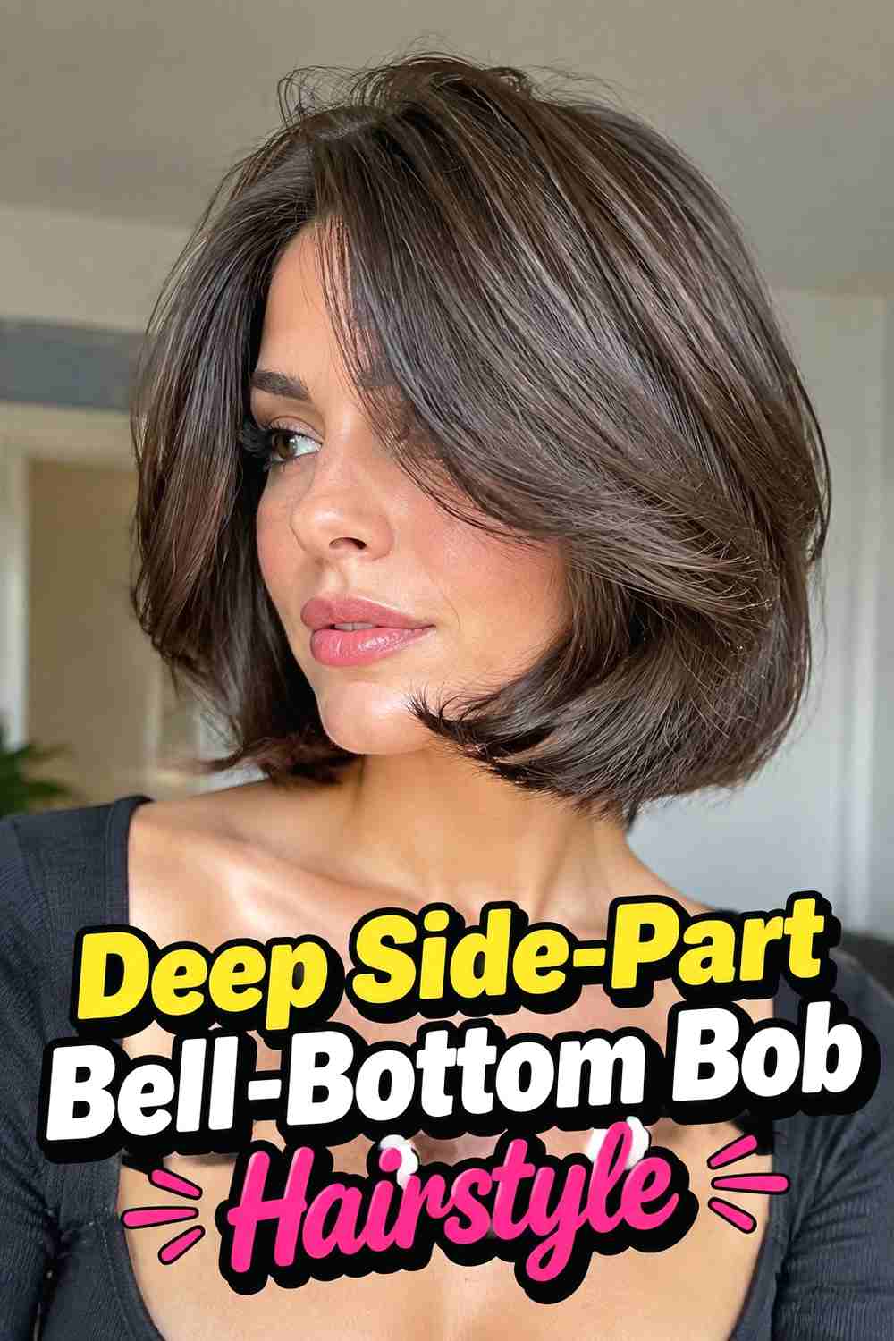 2. Deep Side Part Bell Bottom Bob Hairstyle