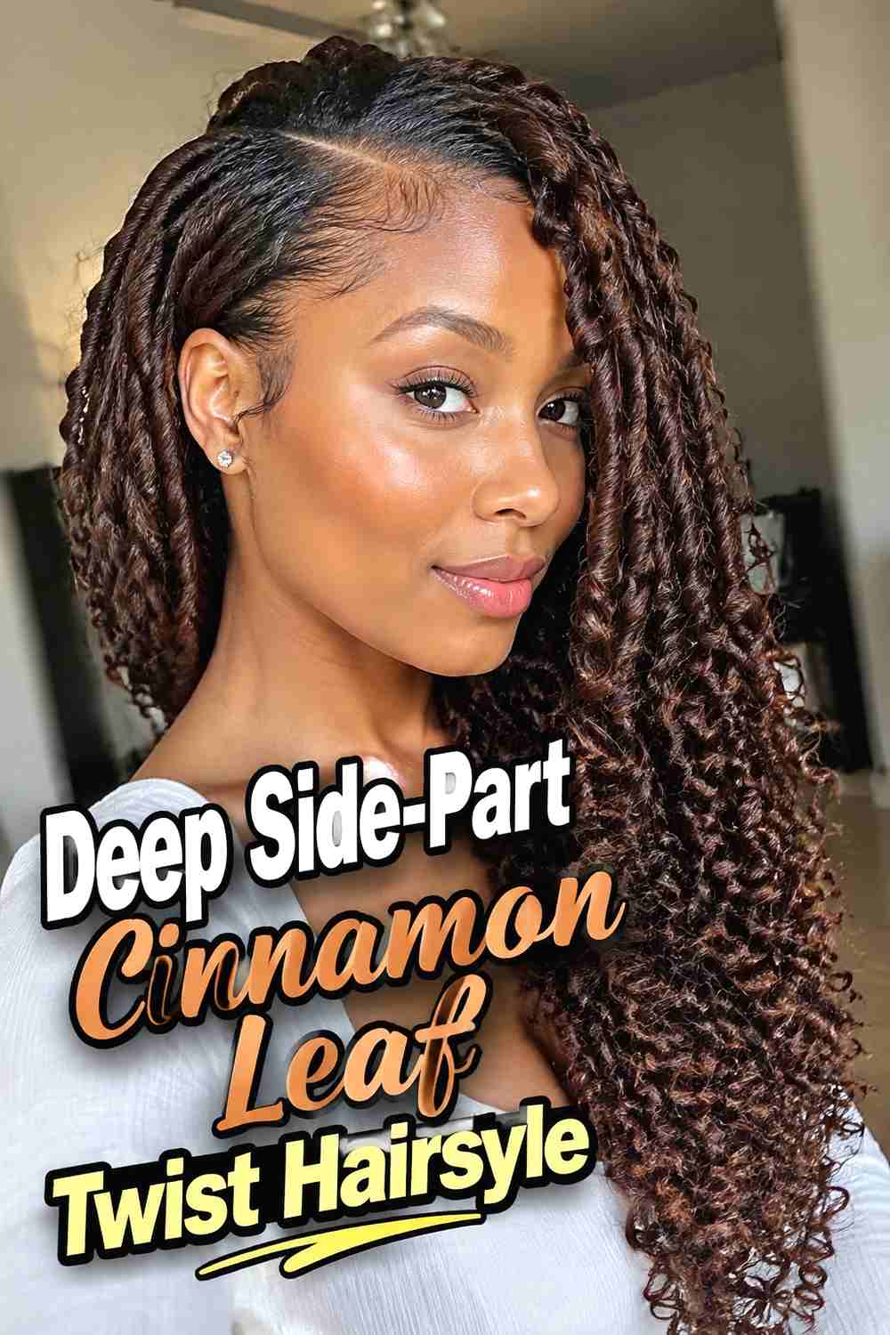 2. Deep Side Part Cinnamon Leaf Twist Hairstyle