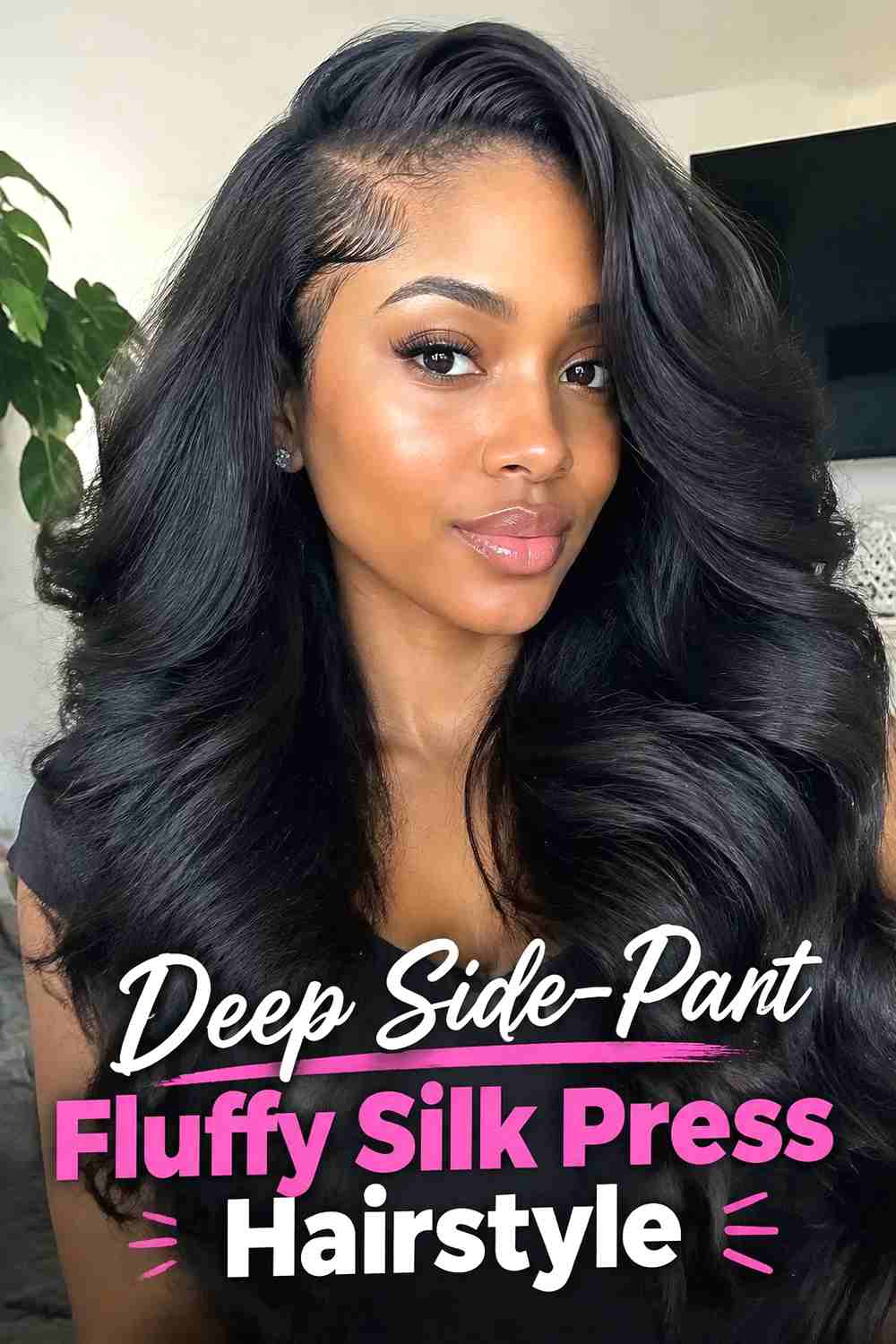 3. Deep Side Part Fluffy Silk Press Hairstyle
