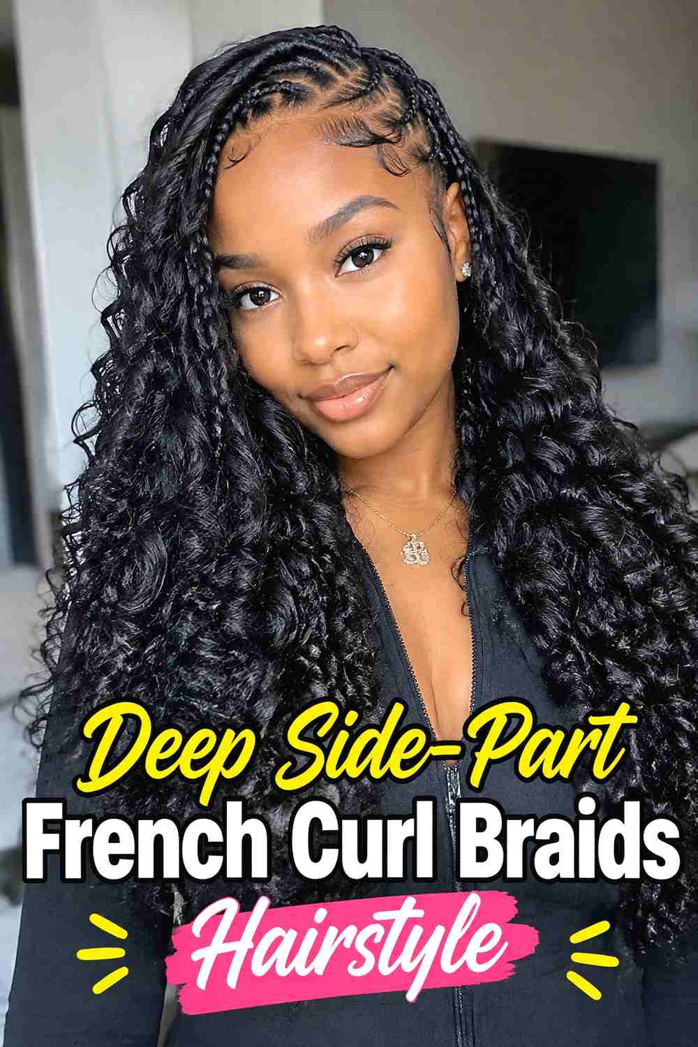 2. Deep Side Part French Curl Braids Hairstyle