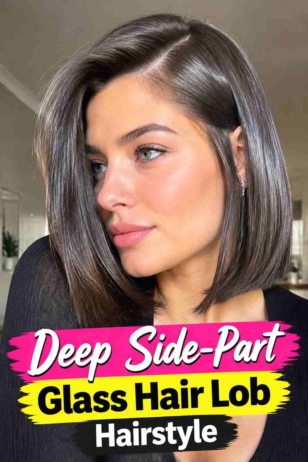 2. Deep Side Part Glass Hair Lob Hairstyle