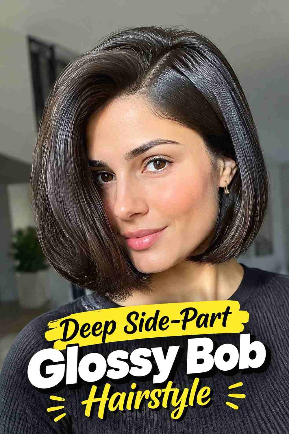 2. Deep Side Part Glossy Bob Hairstyle