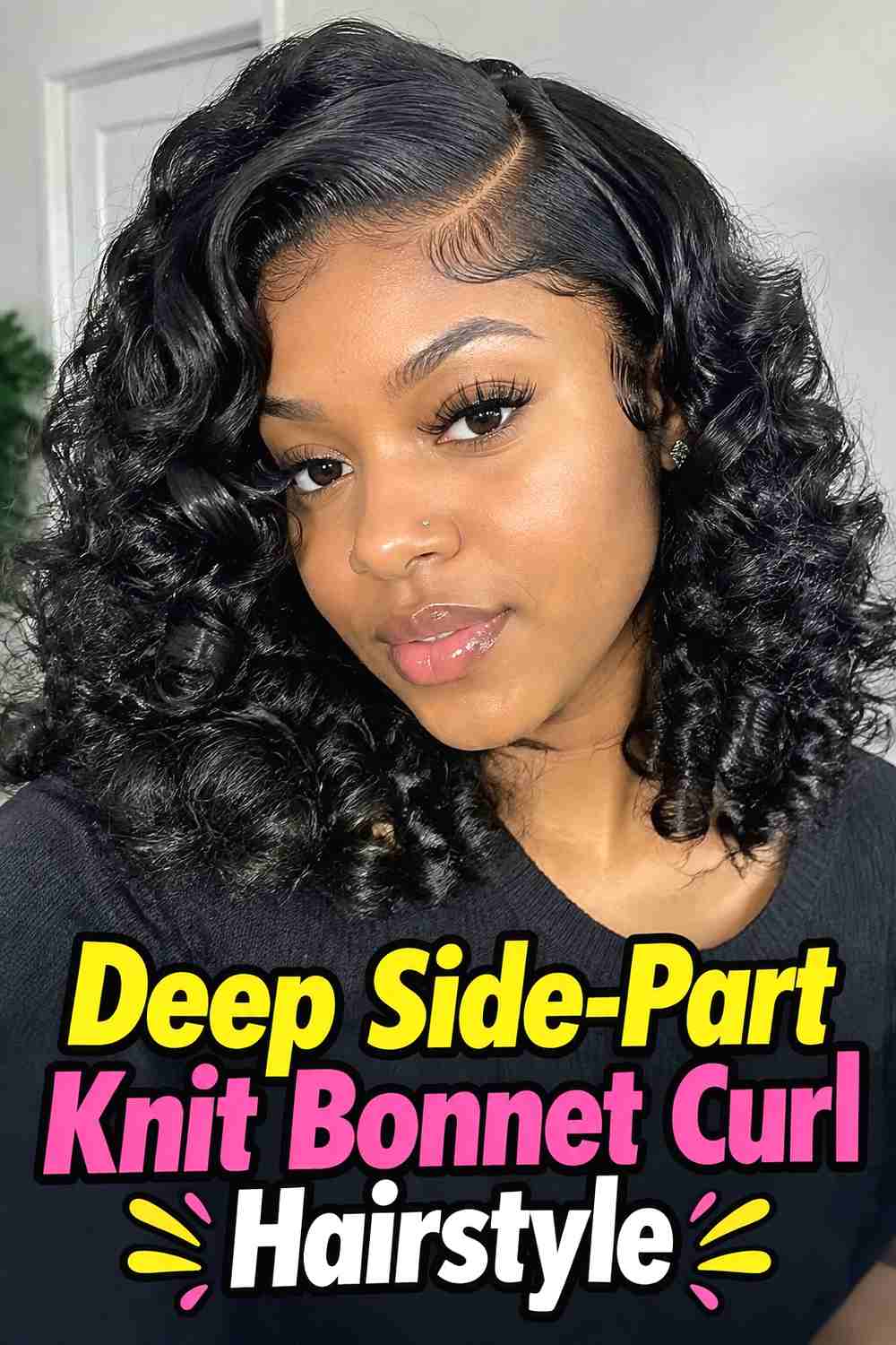 2. Deep Side Part Knit Bonnet Curl Hairstyle