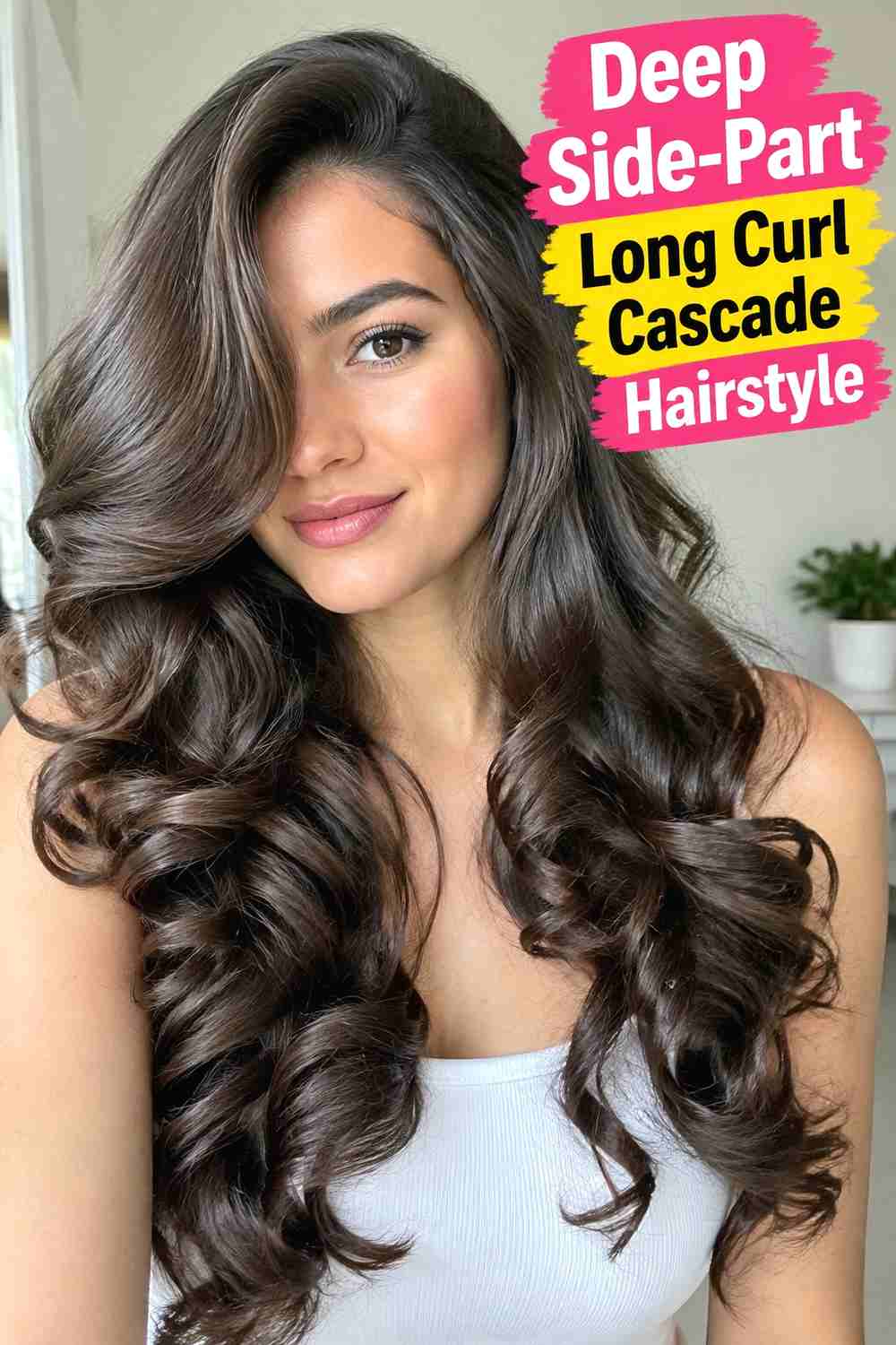 1. Deep Side Part Long Curl Cascade Hairstyle