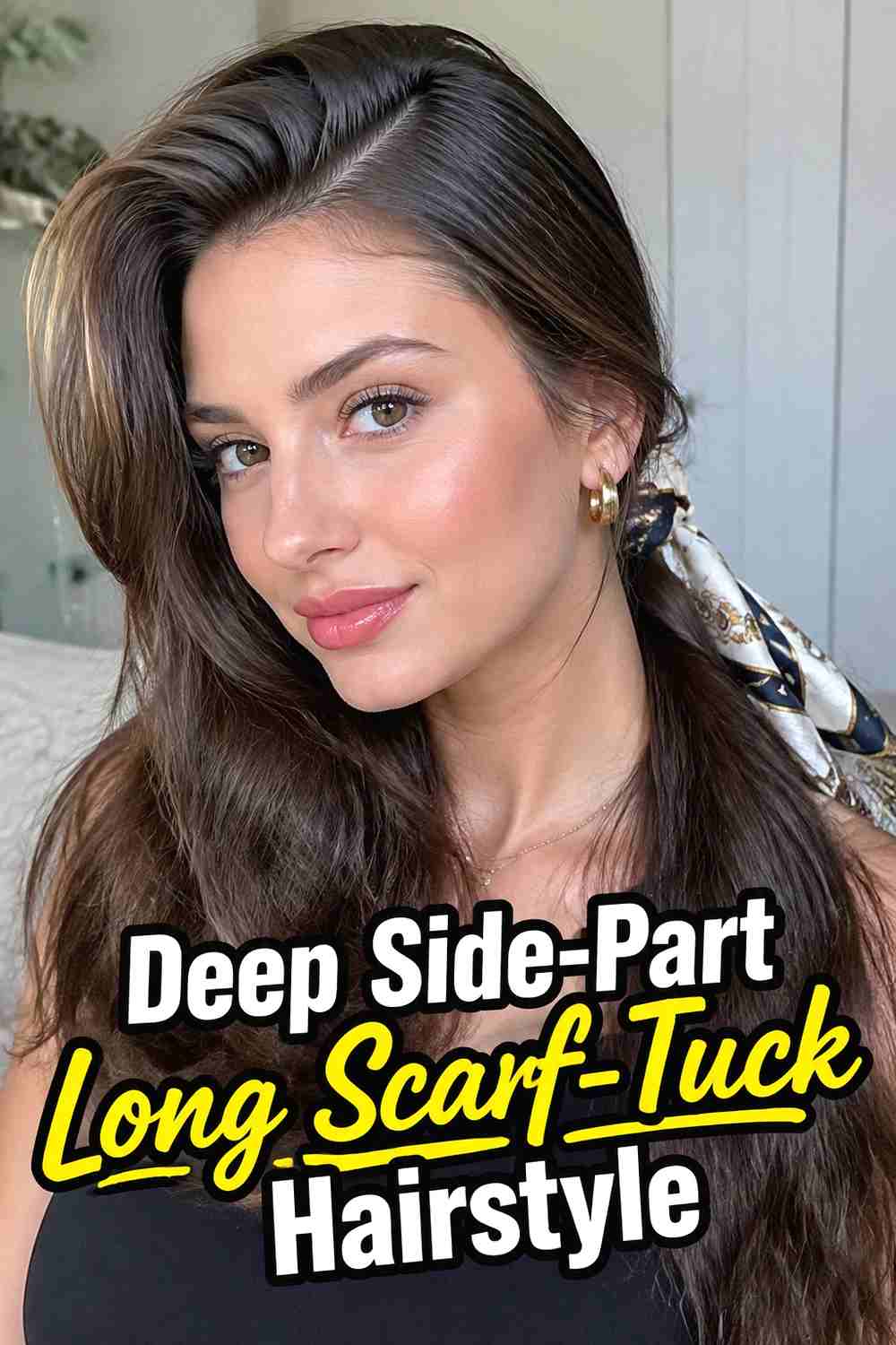 4. Deep Side Part Long Scarf Tuck Hairstyle