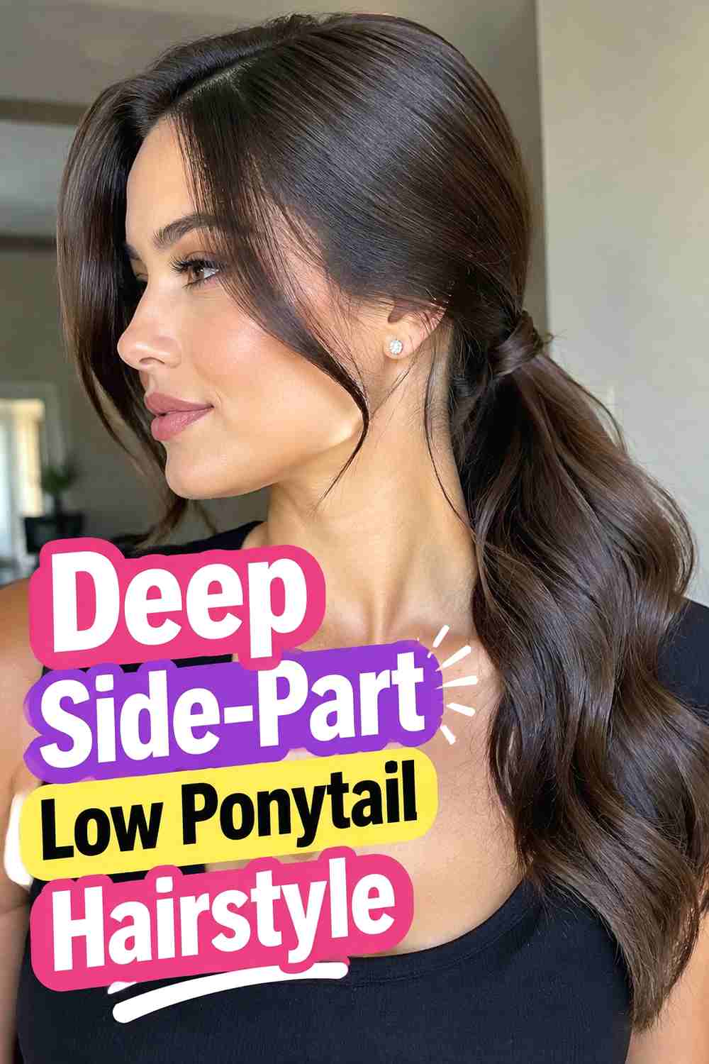 17. Deep Side Part Low Ponytail Hairstyle