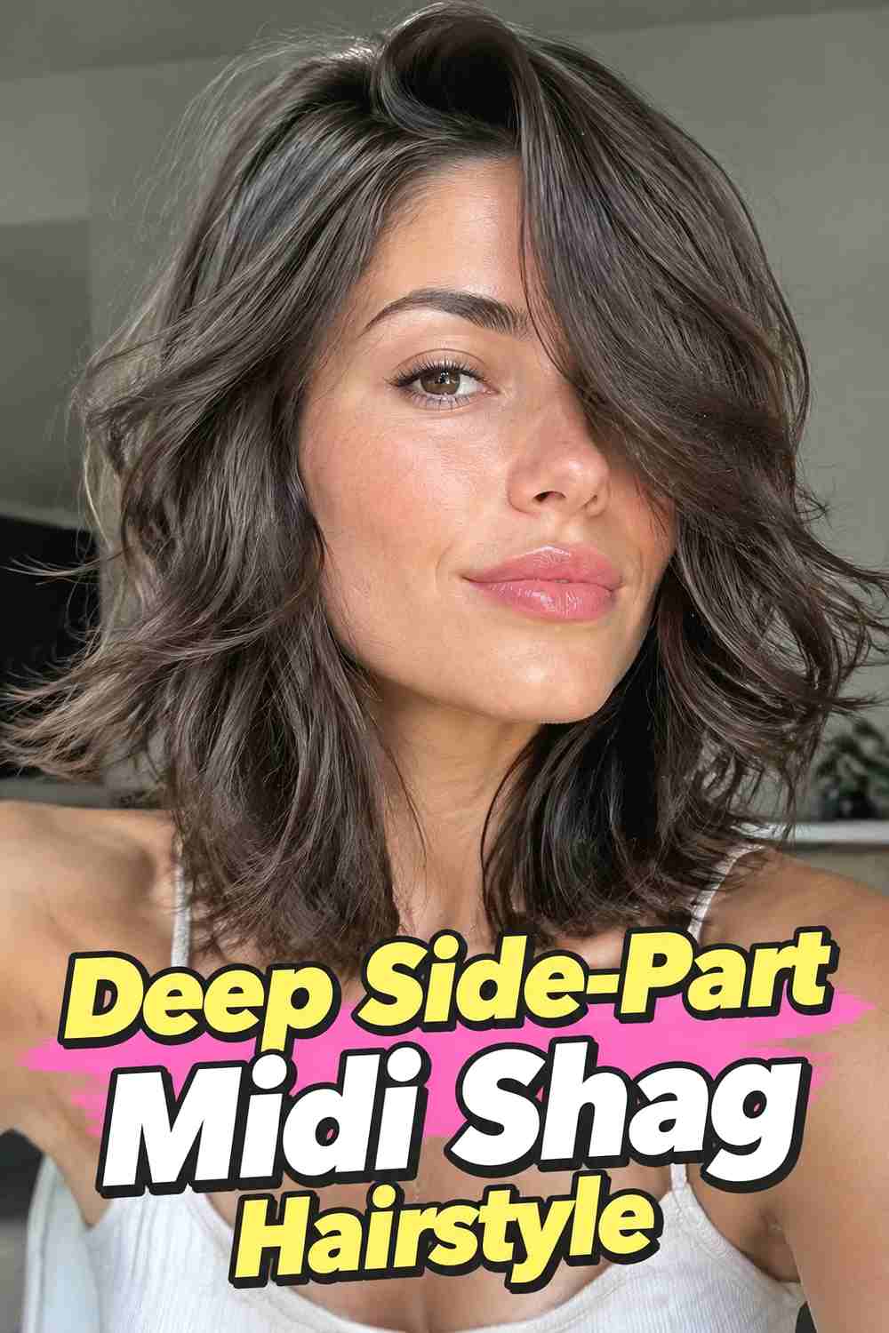 5. Deep Side Part Midi Shag Hairstyle