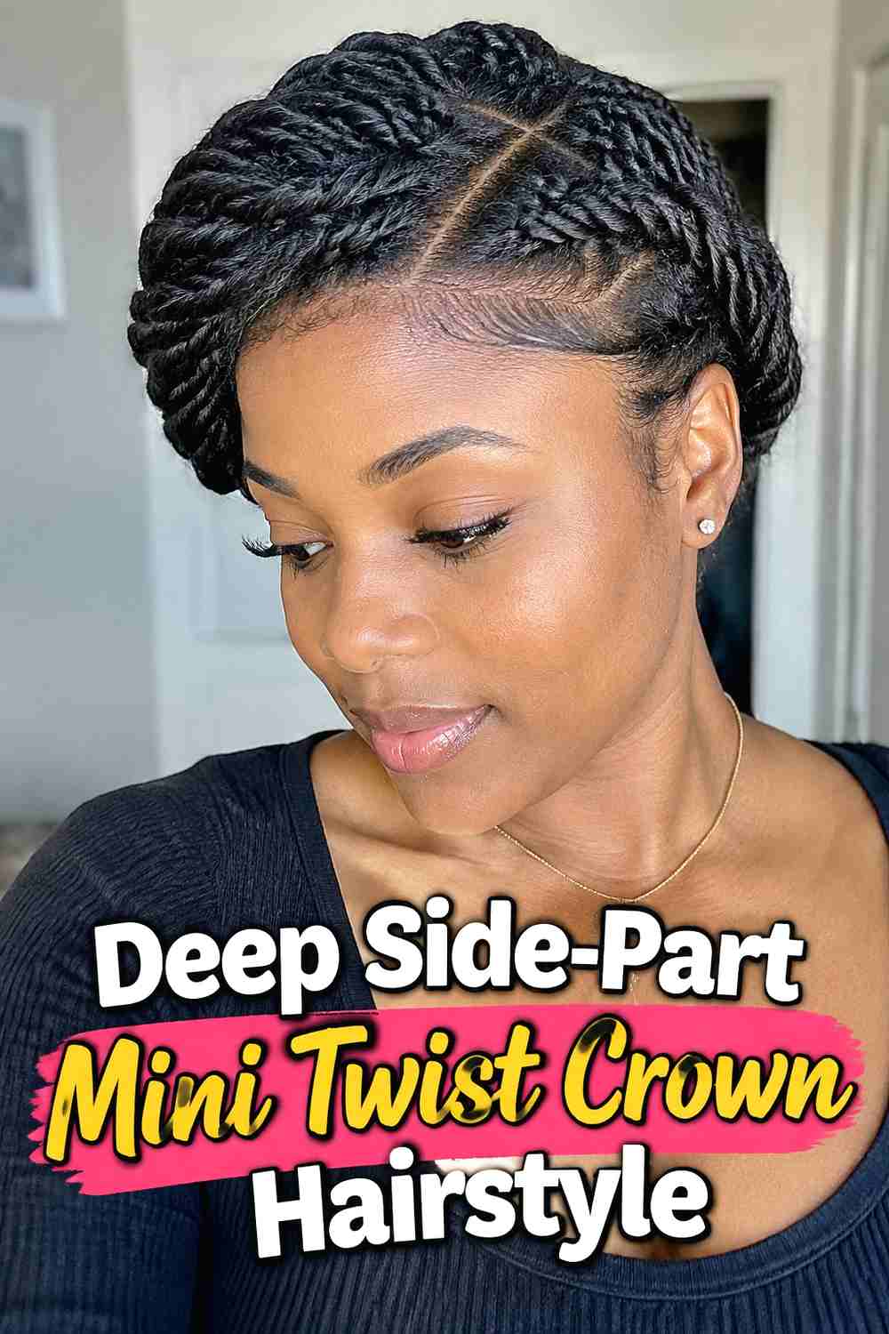 2. Deep Side Part Mini Twist Crown Hairstyle