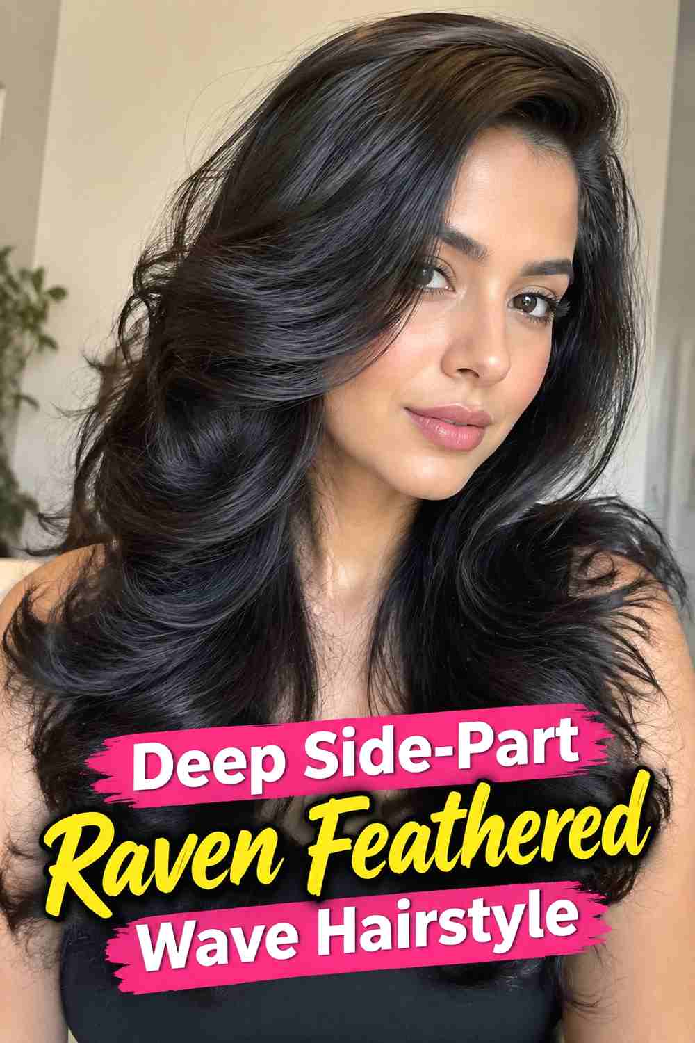 6. Deep Side Part Raven Feathered Wave Hairstyle