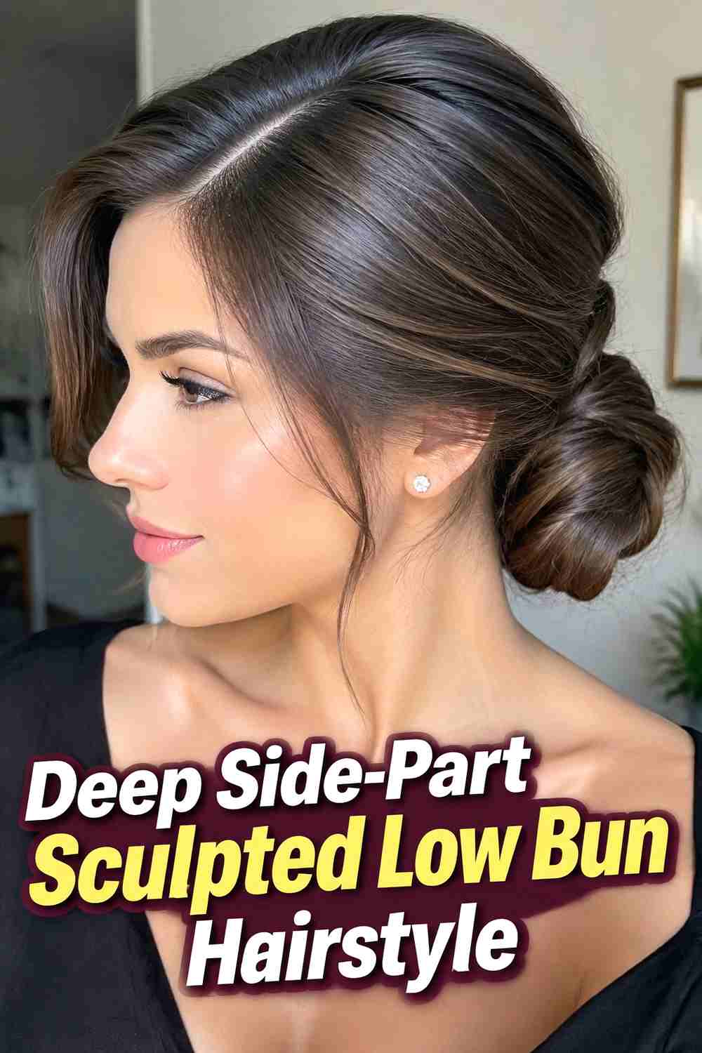 13. Deep Side Part Sculpted Low Bun Hairstyle