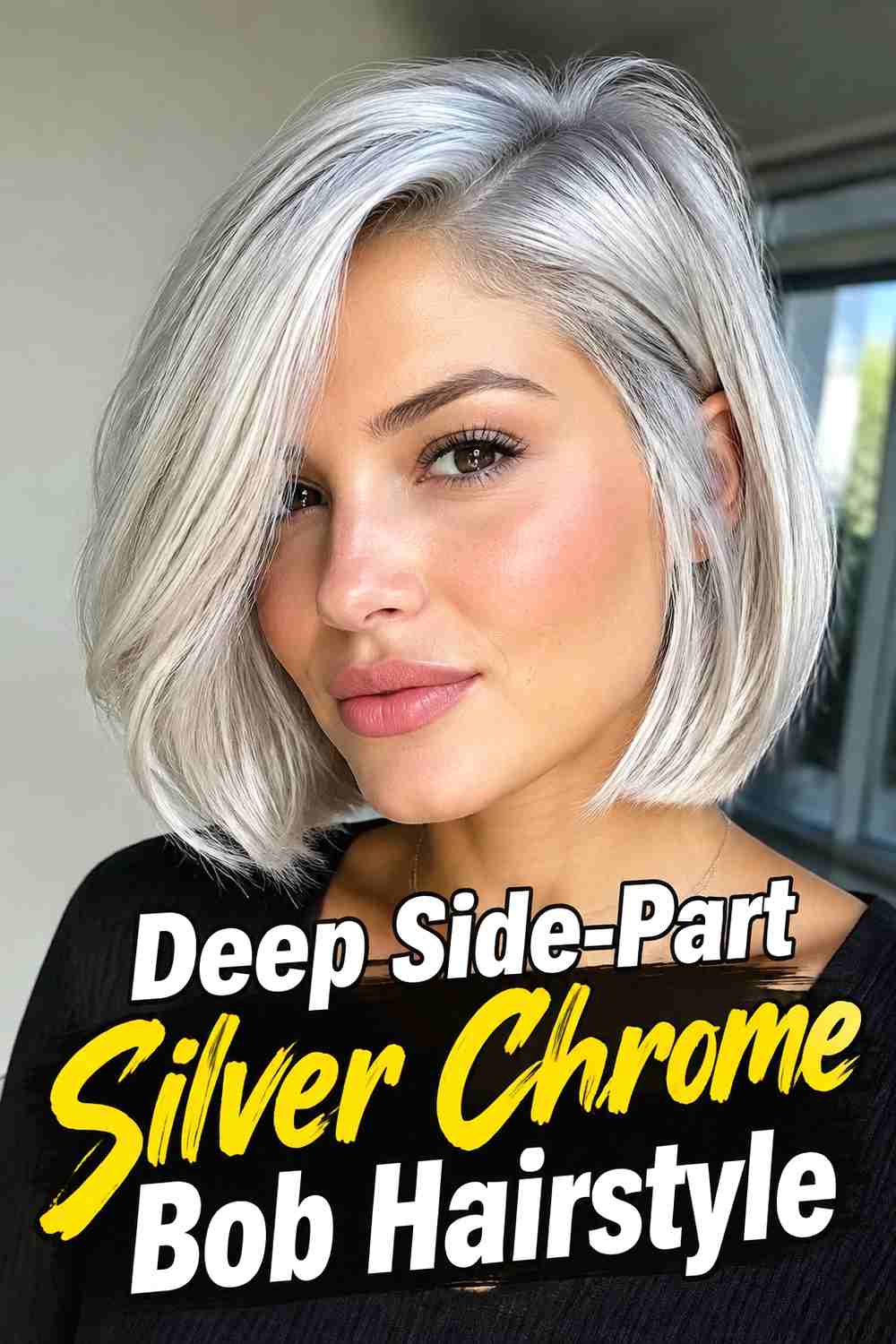 3. Deep Side Part Silver Chrome Bob Hairstyle
