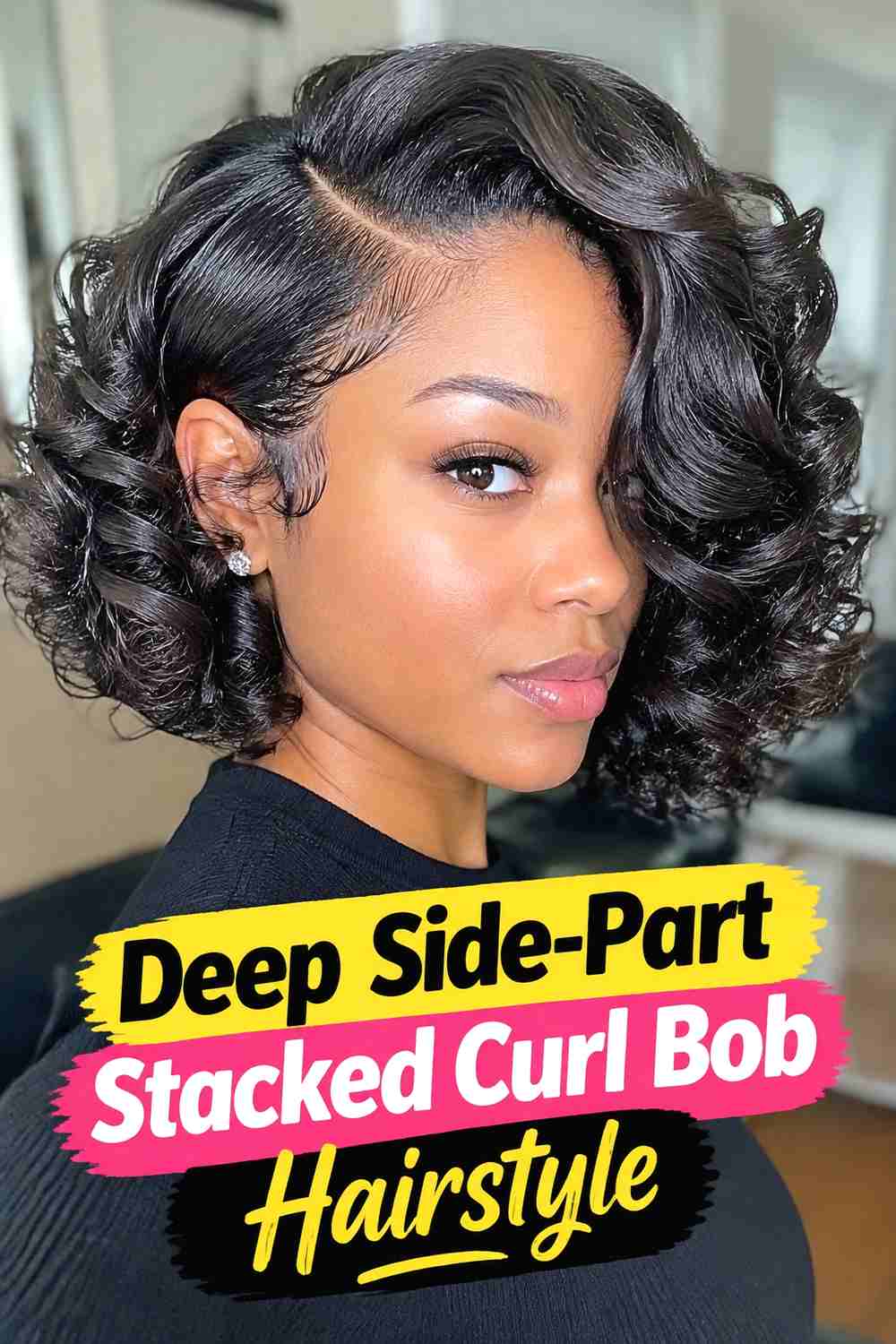 18. Deep Side Part Stacked Curl Bob Hairstyle