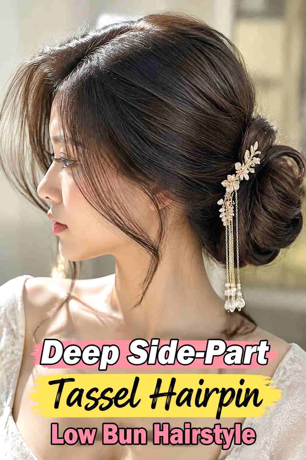 12. Deep Side Part Tassel Hairpin Low Bun Hairstyle