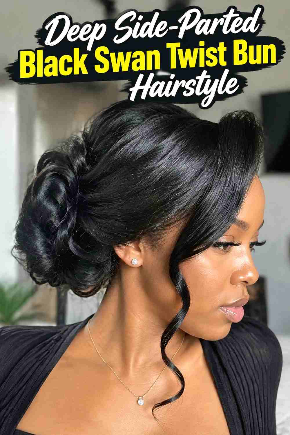 3. Deep Side Parted Black Swan Twist Bun Hairstyle