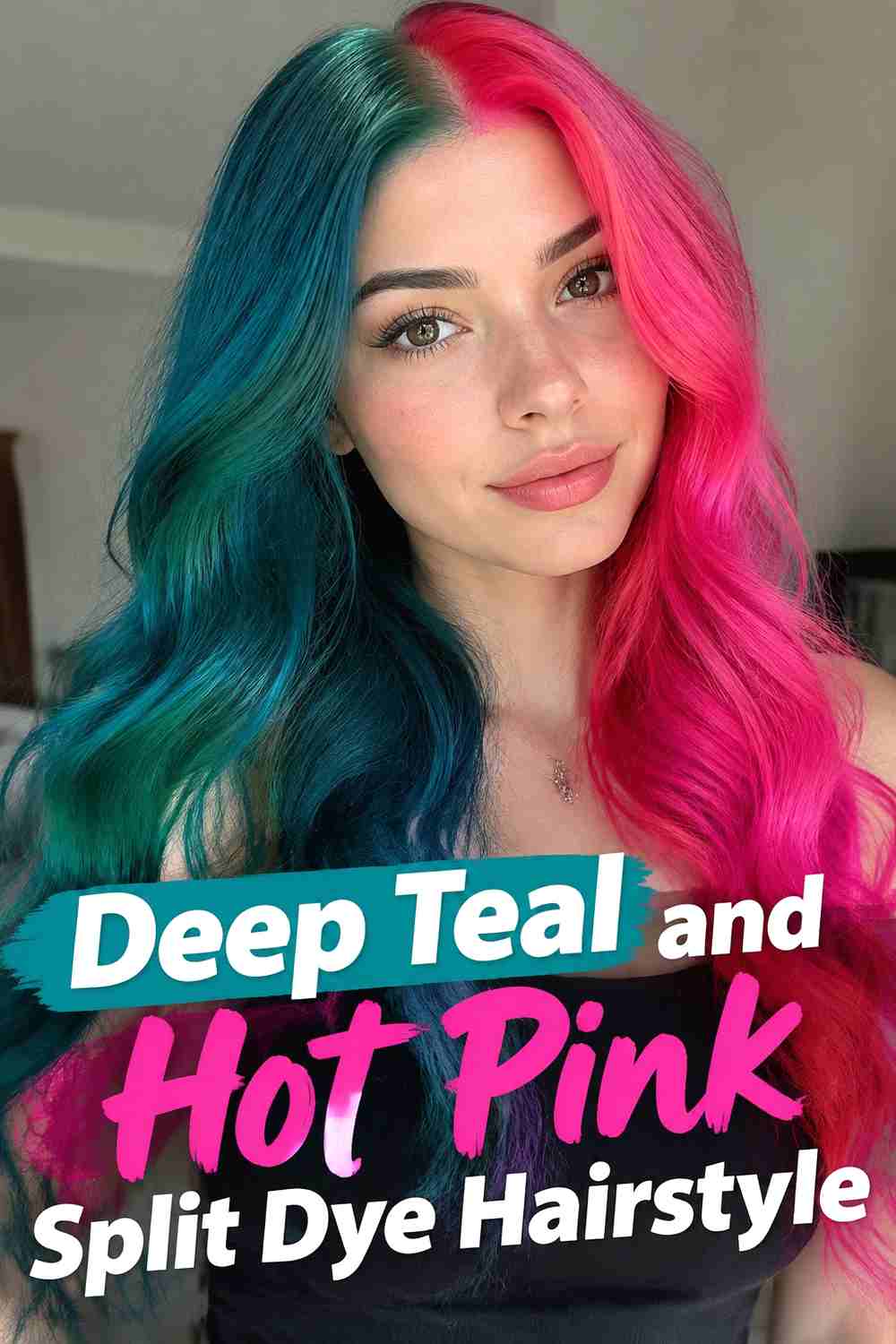 3. Deep Teal And Hot Pink Split Dye Hairstyle