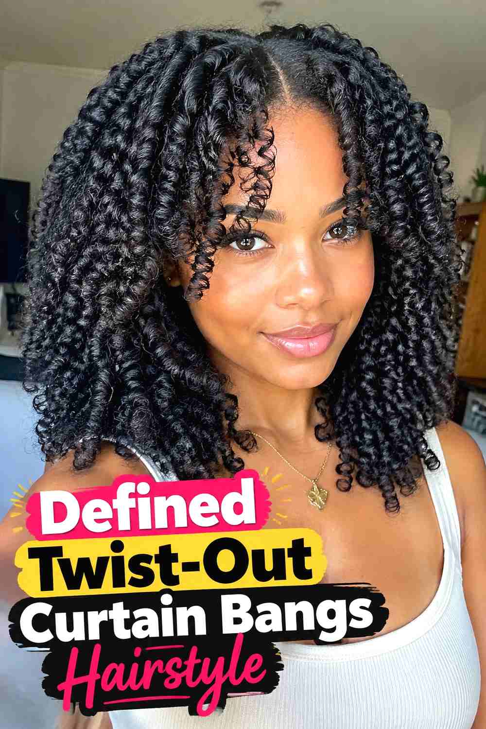 14. Defined Twist Out Curtain Bangs Hairstyle