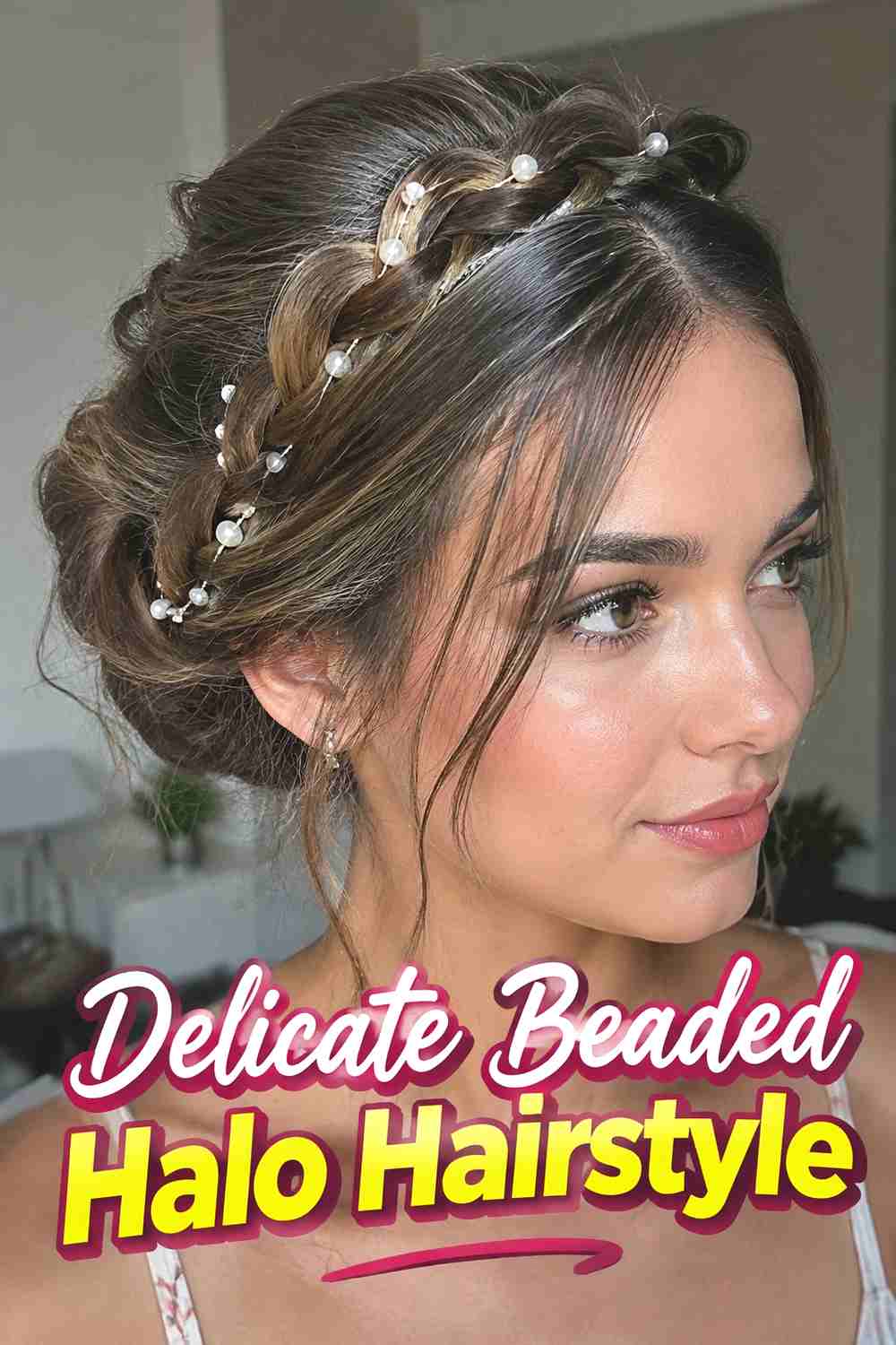 3. Delicate Beaded Halo Hairstyle