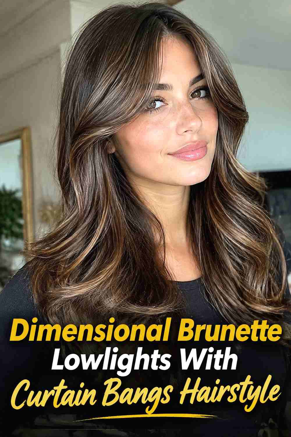 10. Dimensional Brunette Lowlights With Curtain Bangs Hairstyle