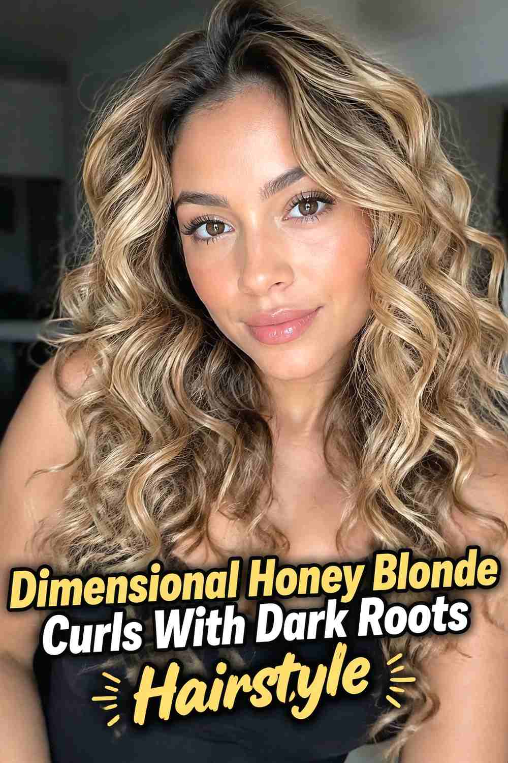 7. Dimensional Honey Blonde Curls With Dark Roots Hairstyle