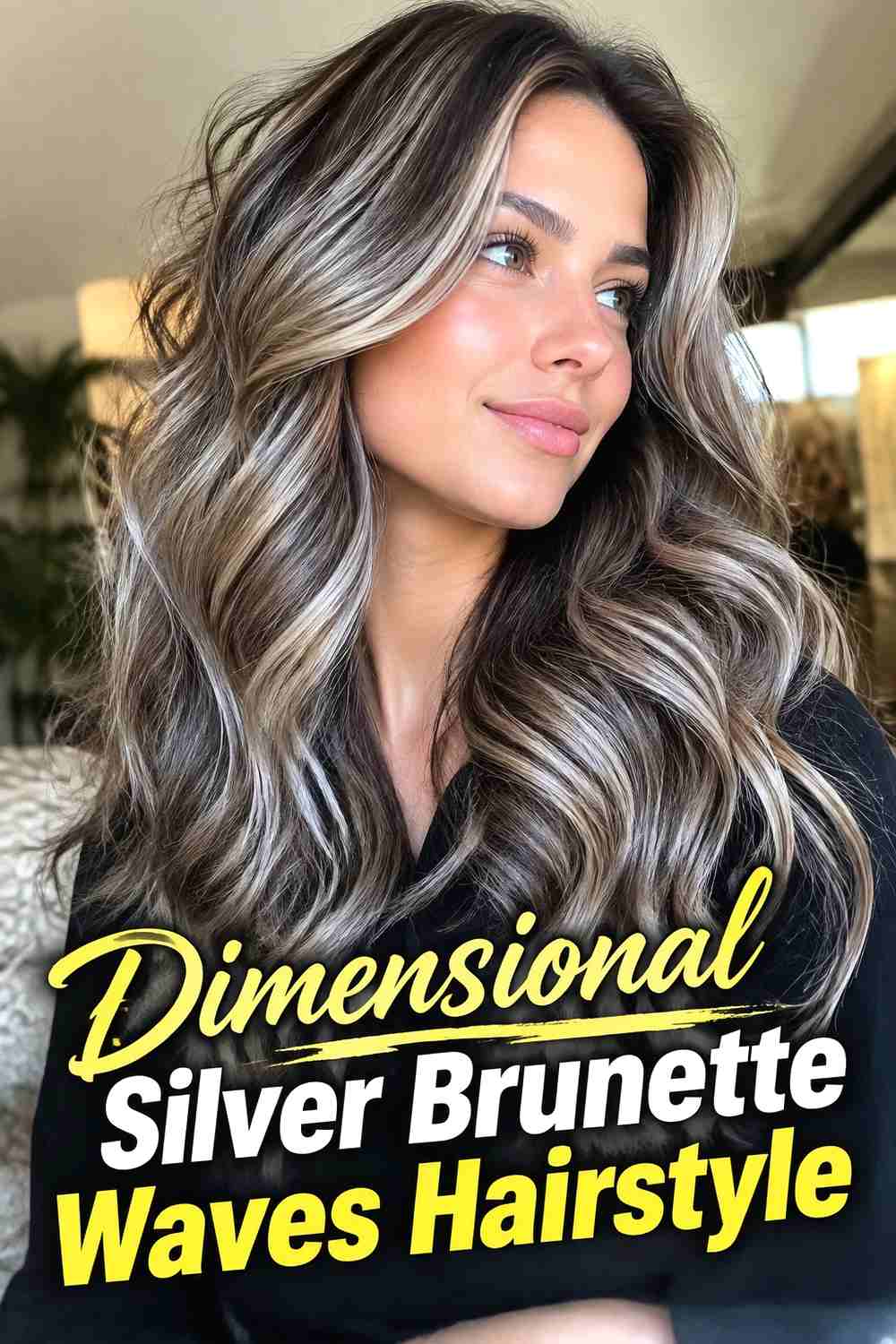 13. Dimensional Silver Brunette Waves Hairstyle