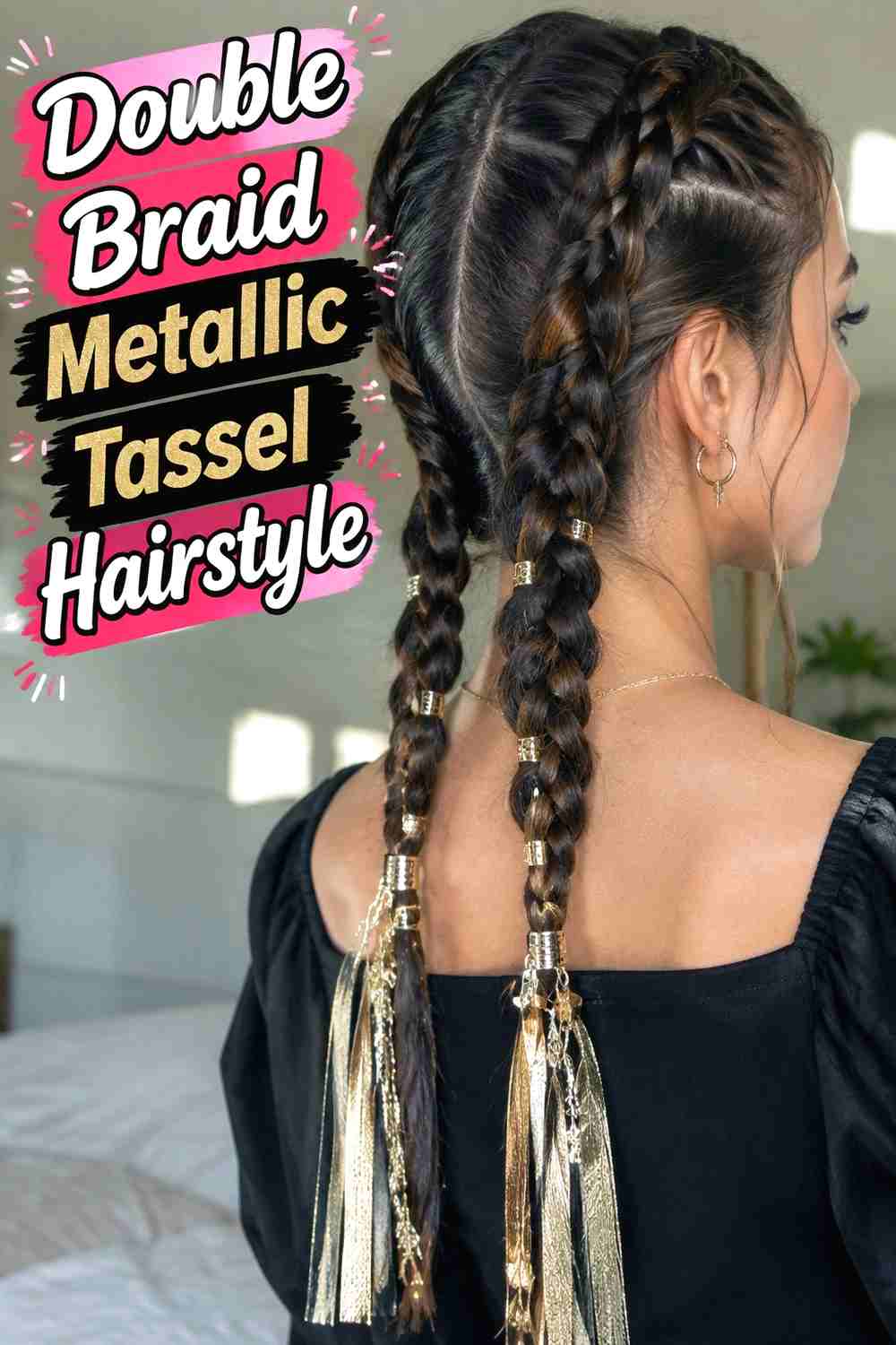 11. Double Braid Metallic Tassel Hairstyle