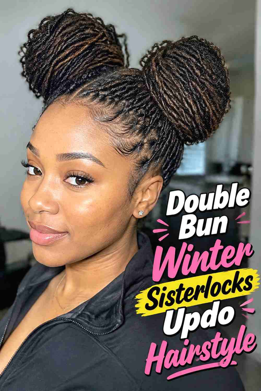 5. Double Bun Winter Sisterlocks Updo Hairstyle
