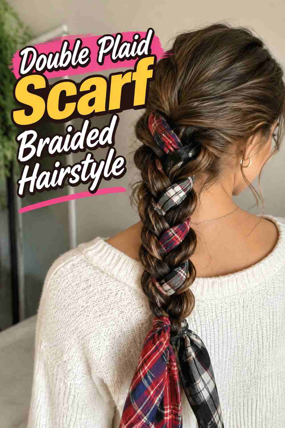 7. Double Plaid Scarf Braided Hairstyle